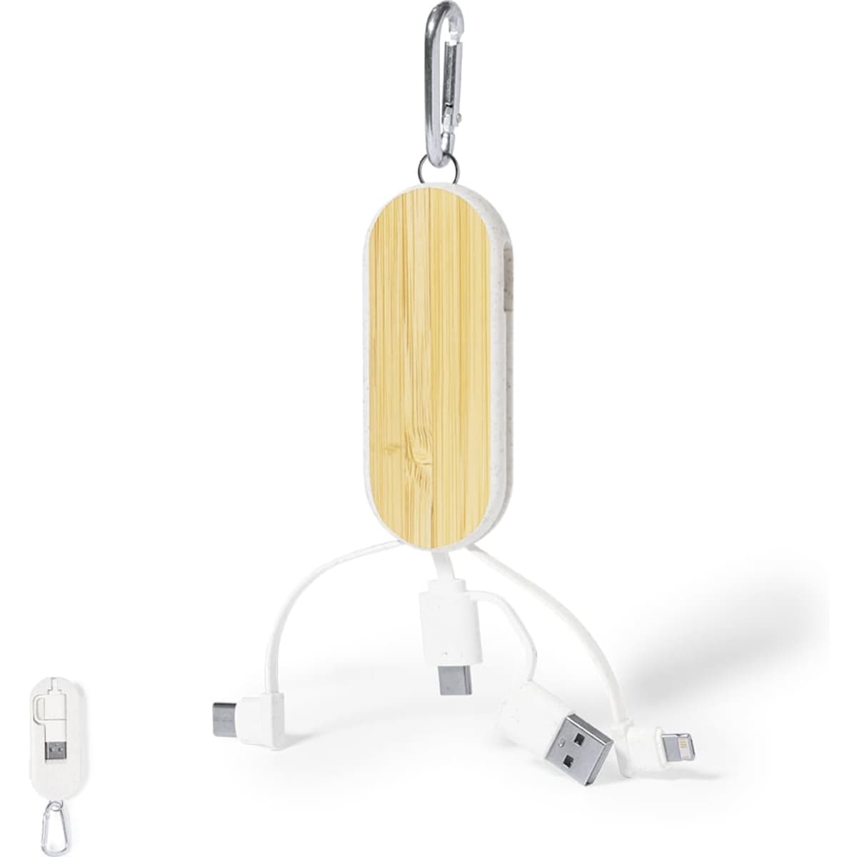 A charging cable in white with a bamboo finish, featuring multiple connectors and a carabiner for easy attachment.