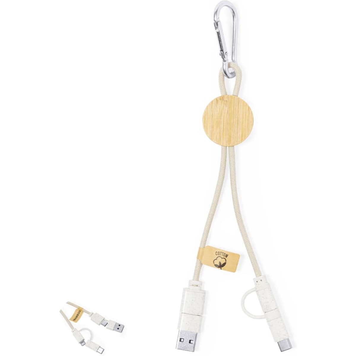 A white charging cable with a bamboo round connector, featuring a carabiner clip for easy attachment.