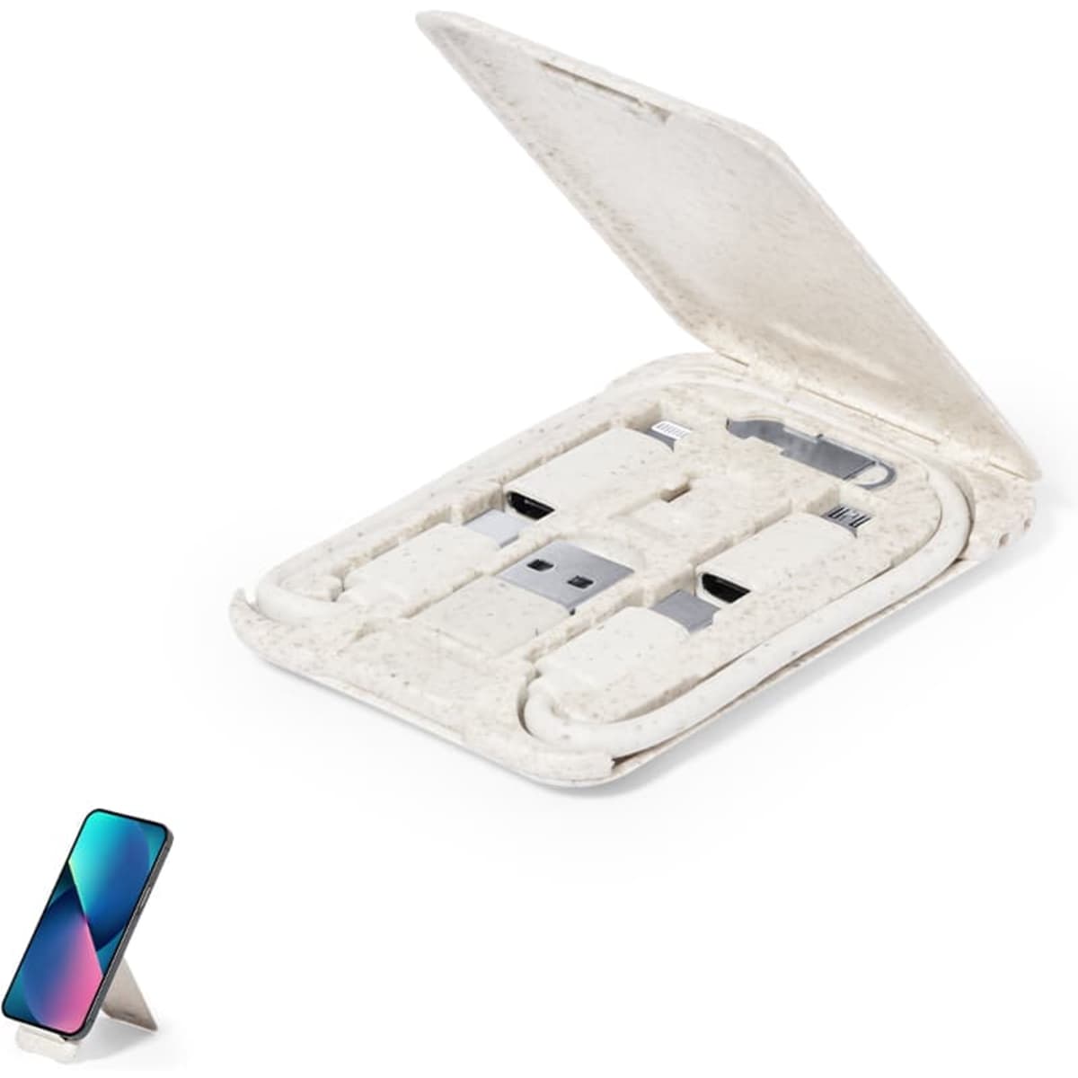 A white charging cable kit with multiple connectors packaged in a foldable case, alongside a smartphone.