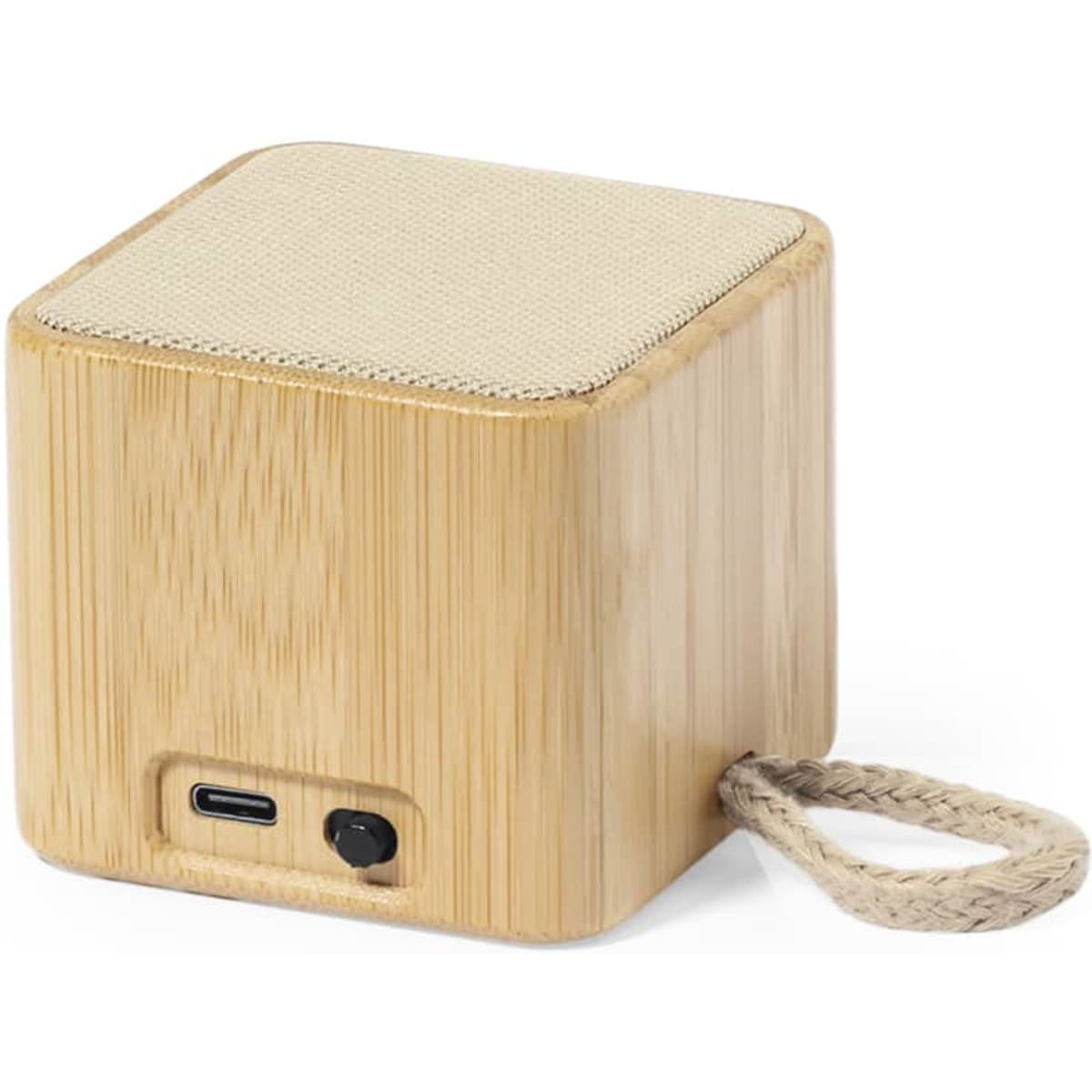 A bamboo Bluetooth speaker with a fabric top, featuring a charging port and a rope handle for easy transport.