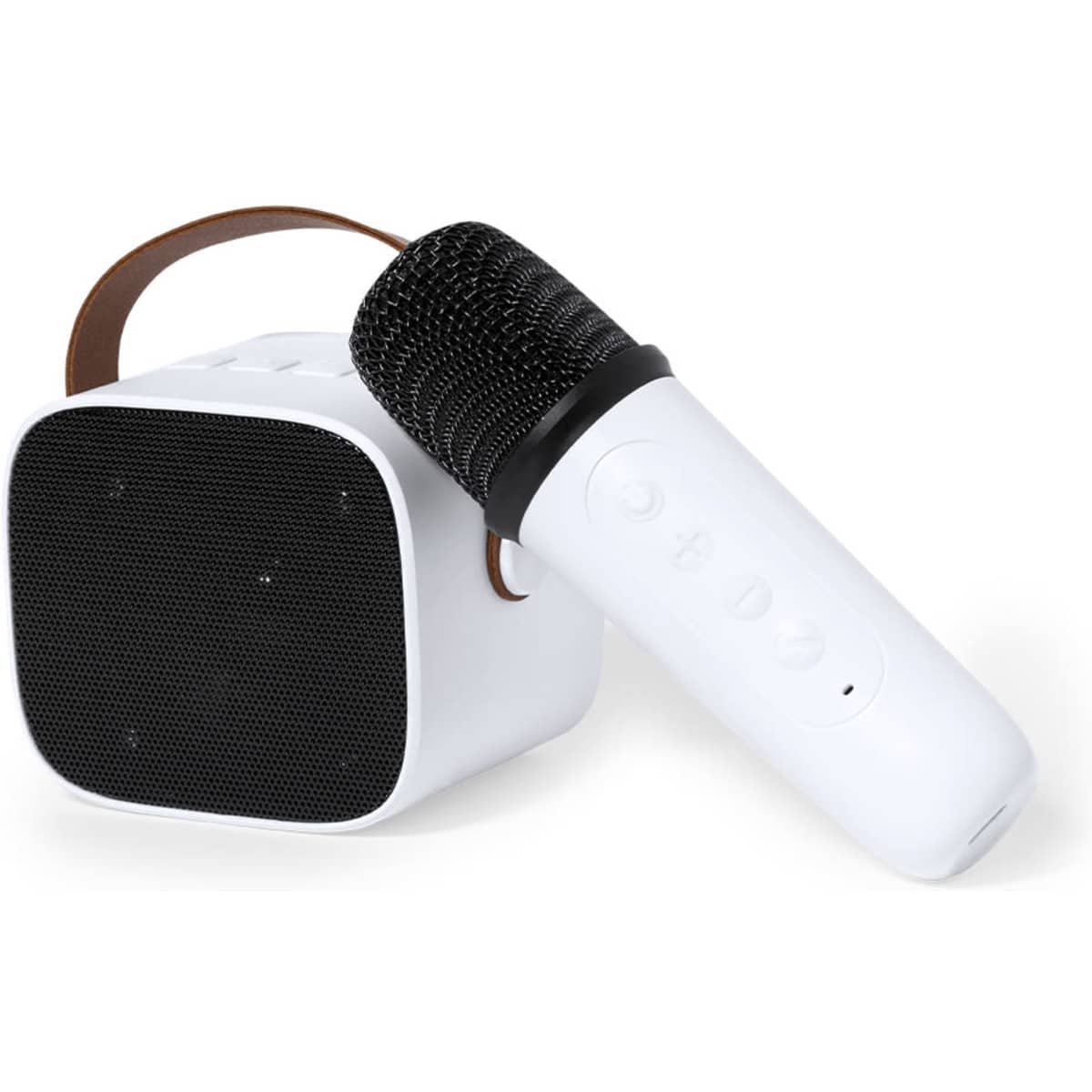 A white Bluetooth speaker with a black mesh front and a matching white microphone beside it, featuring a brown strap.
