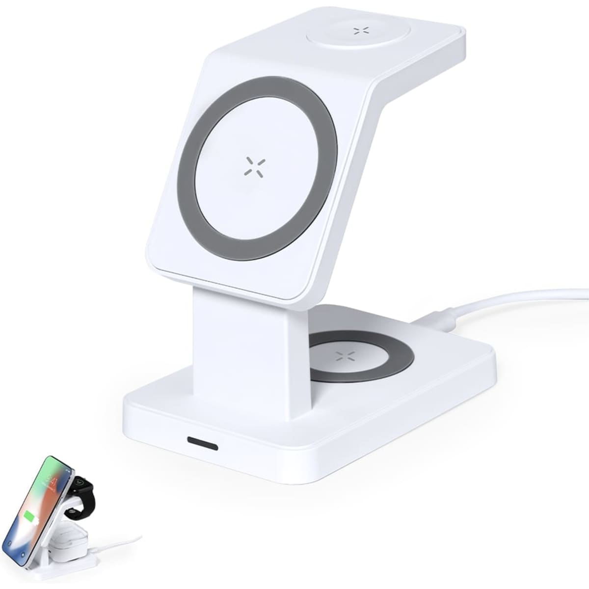 A white wireless charger featuring a modern stand design, with a sleek circular pad for devices and a logo.