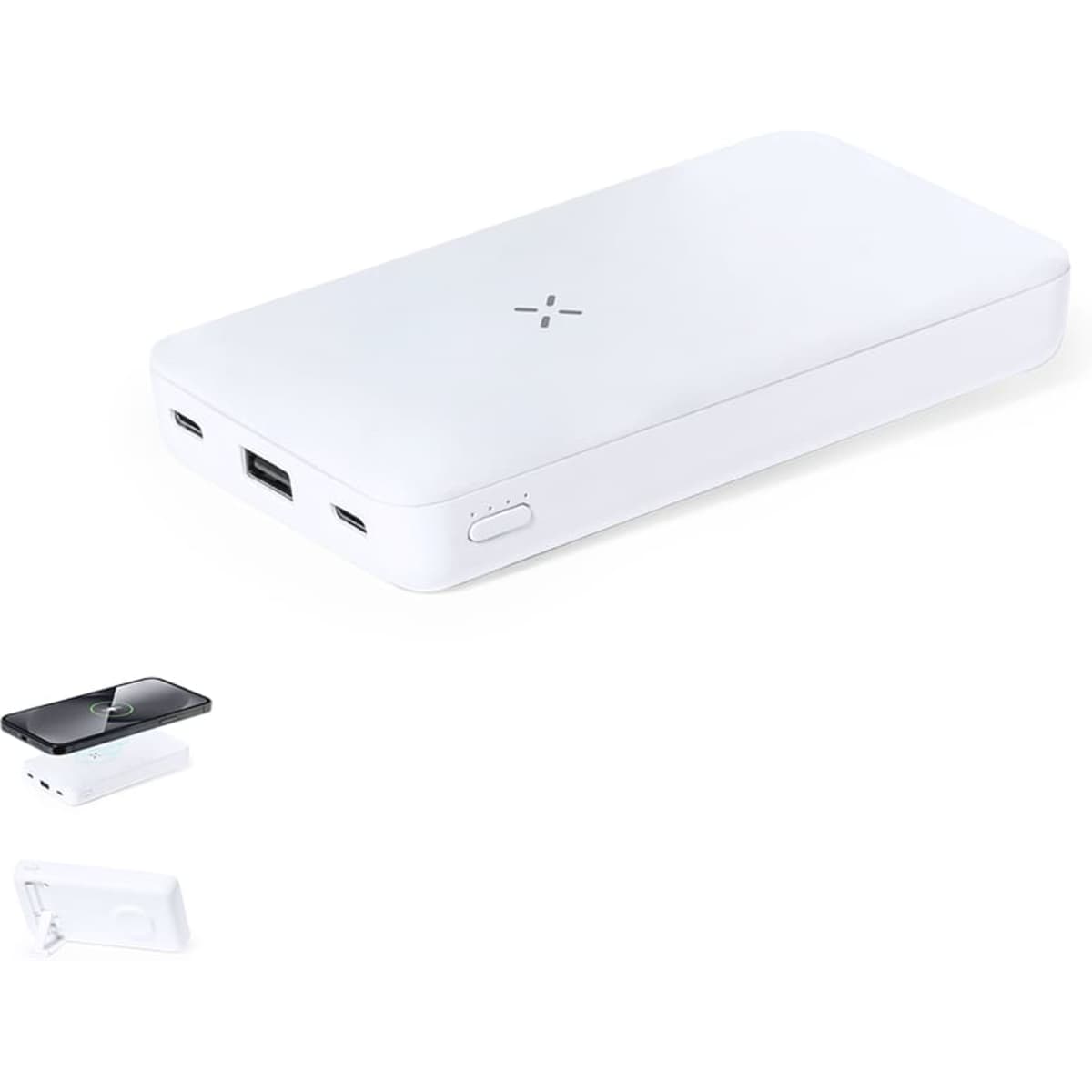 A white power bank with multiple USB ports, featuring a sleek rectangular design and a branded logo.