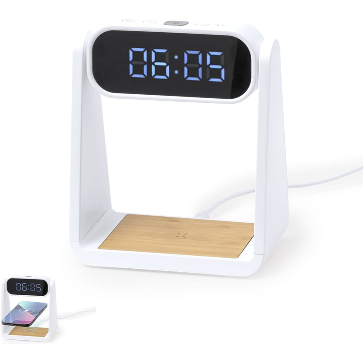 A white wireless charger clock with a digital display and bamboo charging surface. Features a logo on the front.