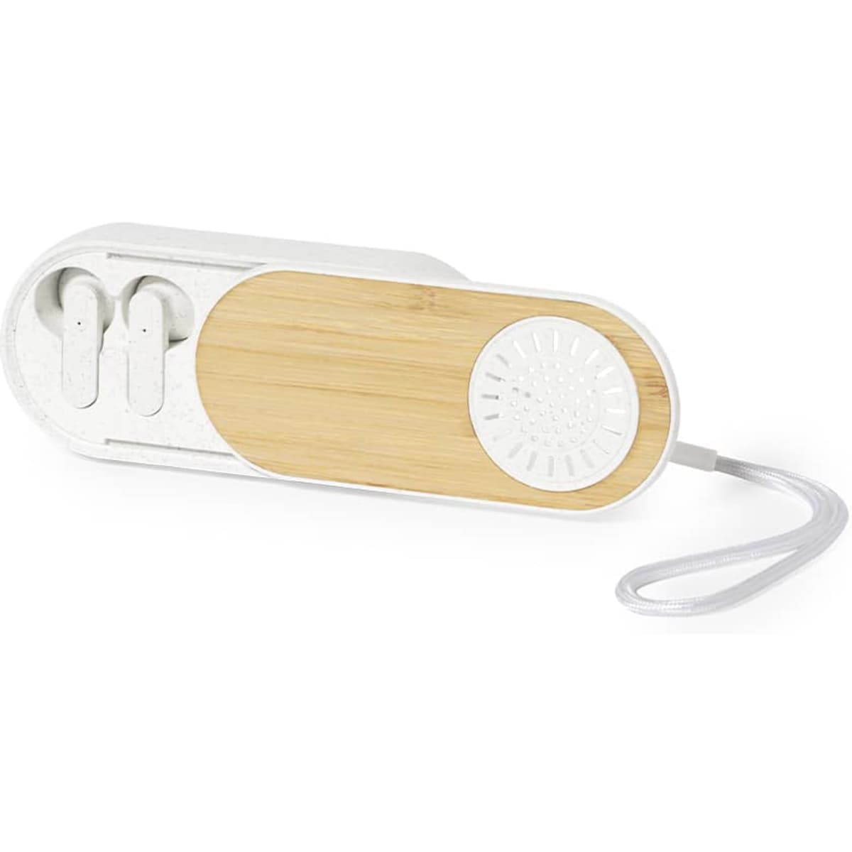 Wireless earbuds in a white and bamboo charging case, featuring a logo on the case.