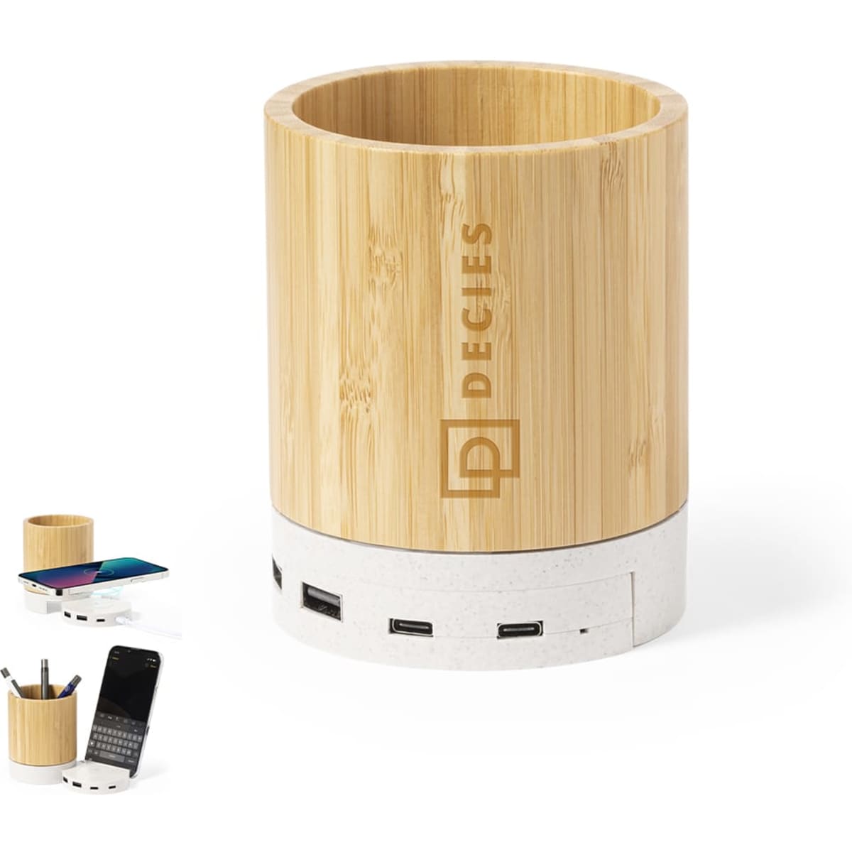 A bamboo pen holder with a white base featuring USB ports, designed for office use. It includes a logo.