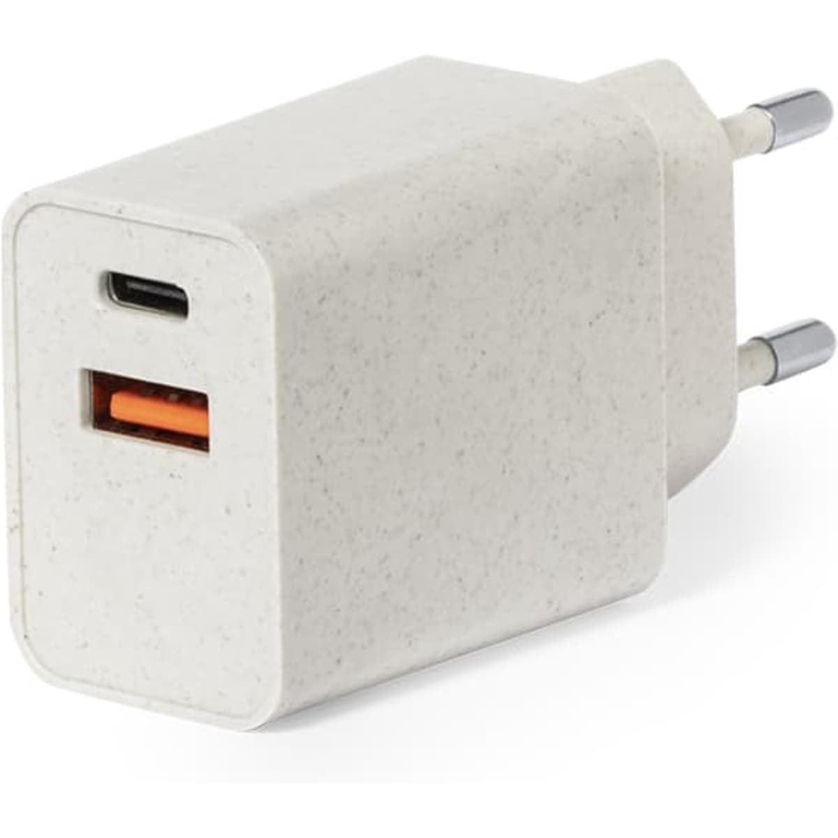 A USB car charger in a light grey colour, featuring one USB-A port and one USB-C port, with a logo.