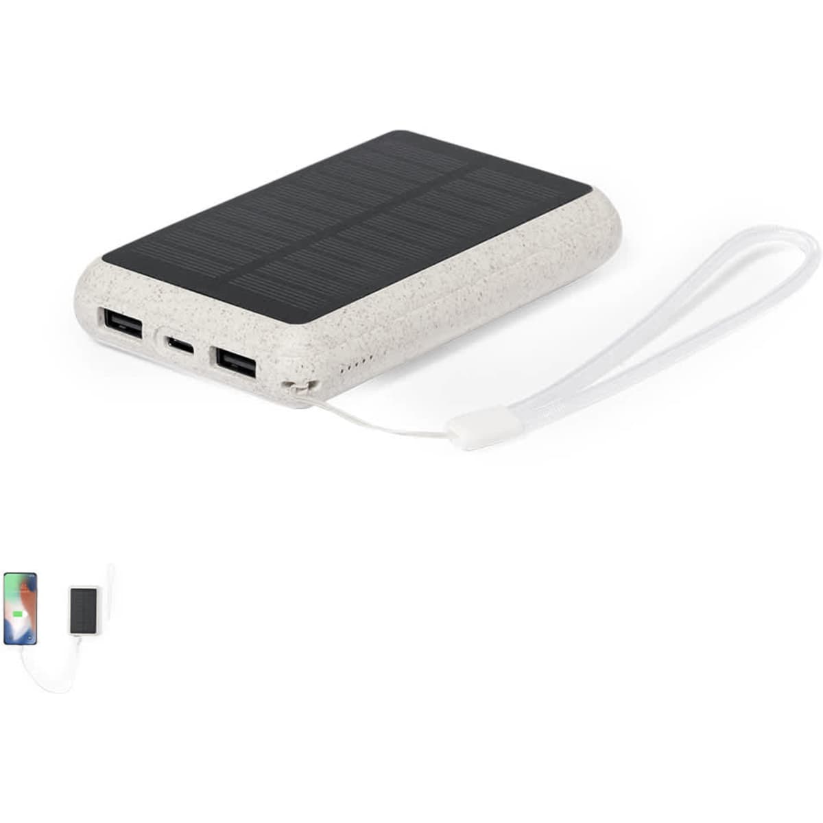 A power bank with a textured cream exterior and solar panel, featuring multiple output ports and a wrist strap.