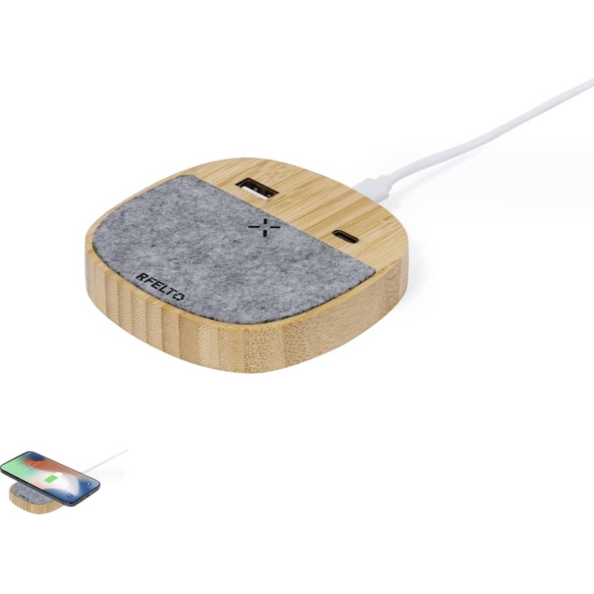 A wireless charger in a circular design with a bamboo base and a grey felt surface, featuring two ports.
