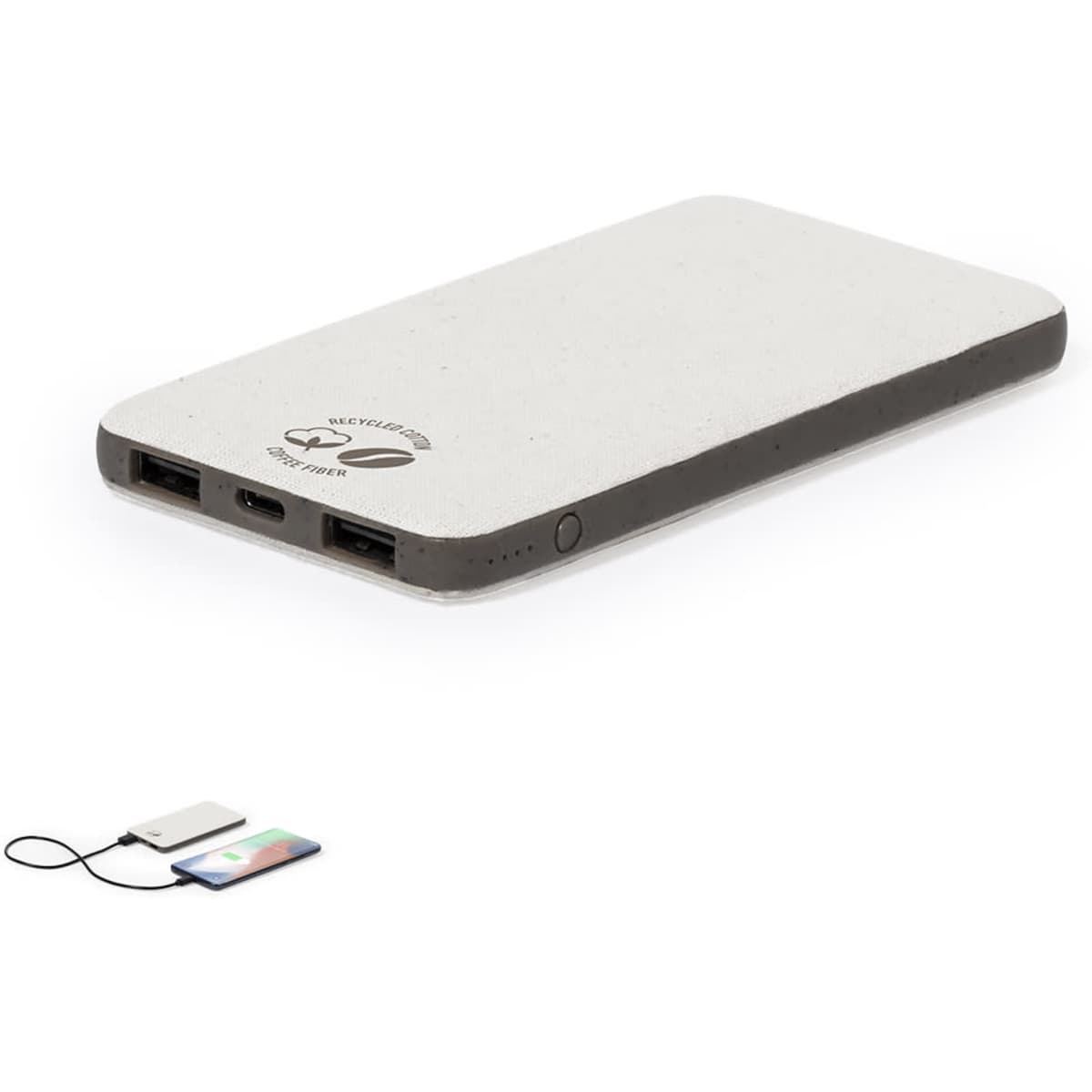 A power bank in white with grey accents, featuring multiple ports and a logo on the side.