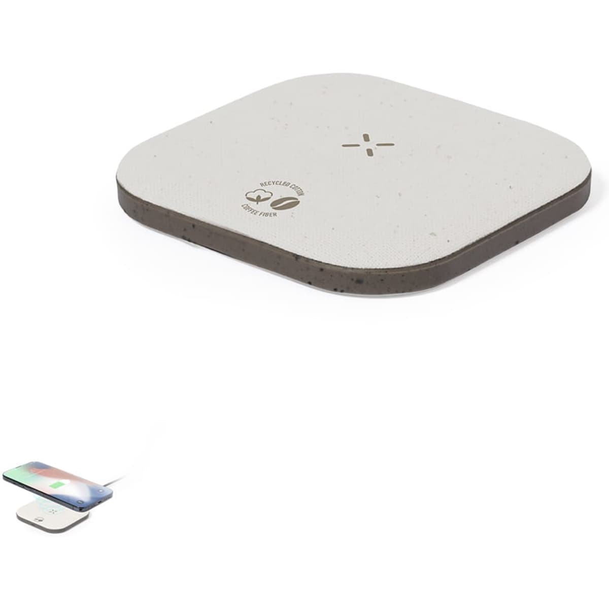 A wireless charger in a square shape, featuring a light grey surface with a dark edge and a logo.