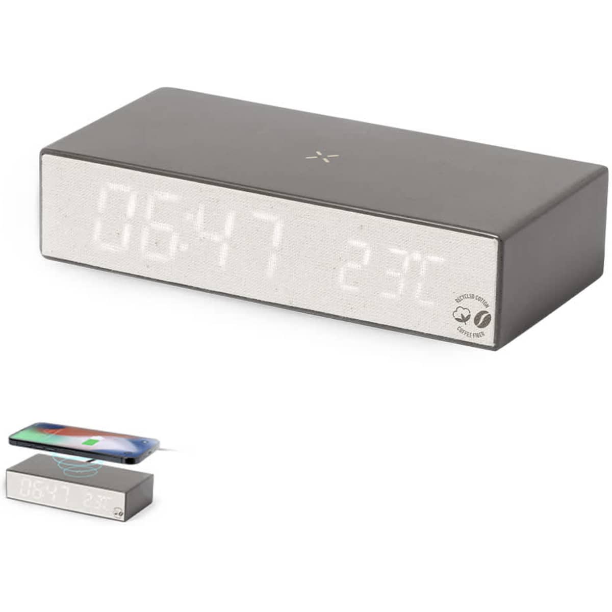 A wireless charger in grey with a digital clock display, featuring a logo on the front.
