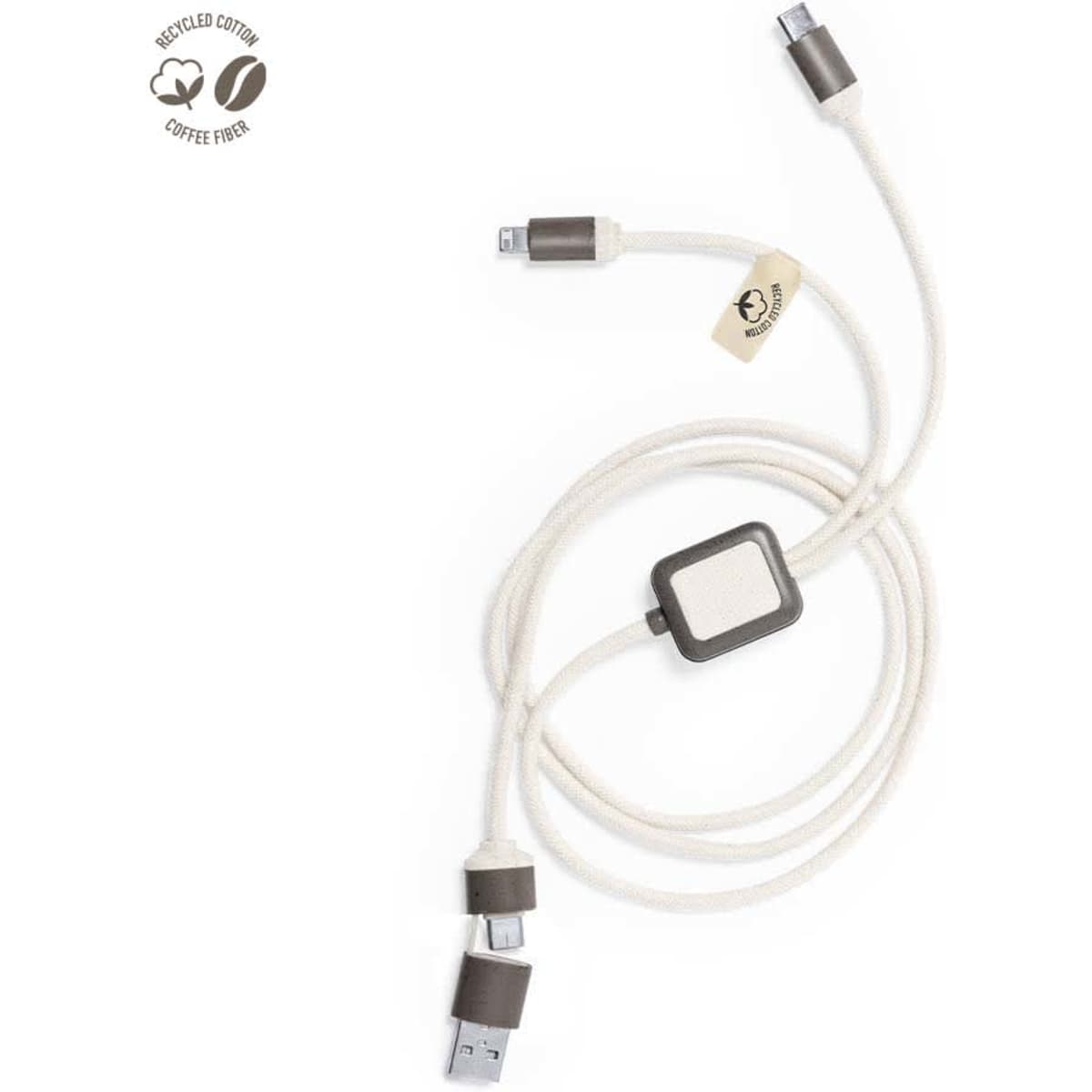 A charging cable in cream with dark grey connectors, featuring a logo and a compact design.