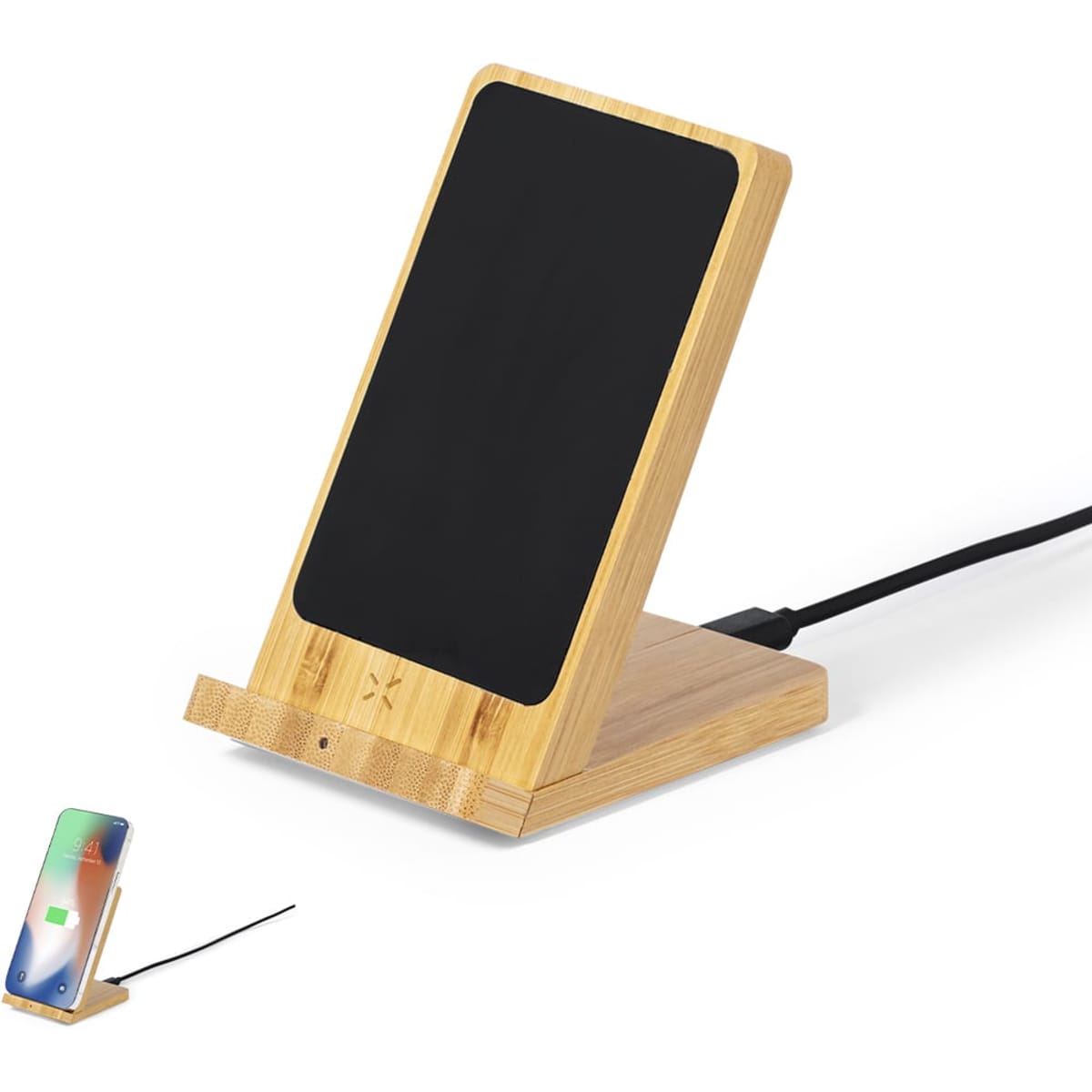 A wireless charger with a bamboo stand, featuring a sleek black surface and a charging phone displayed beside it.