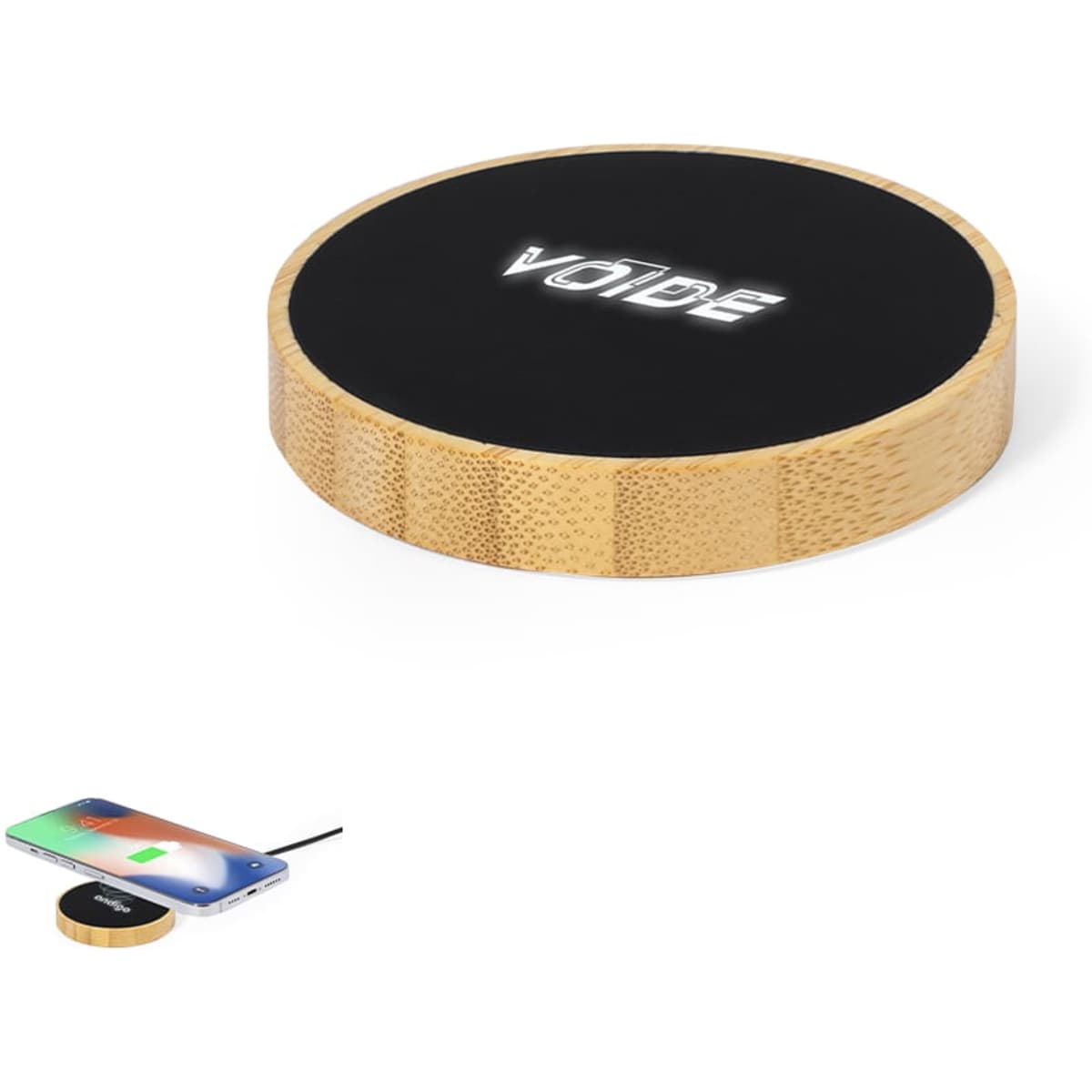 A round wireless charger with a wooden edge and a black top, featuring a logo. A smartphone is nearby.