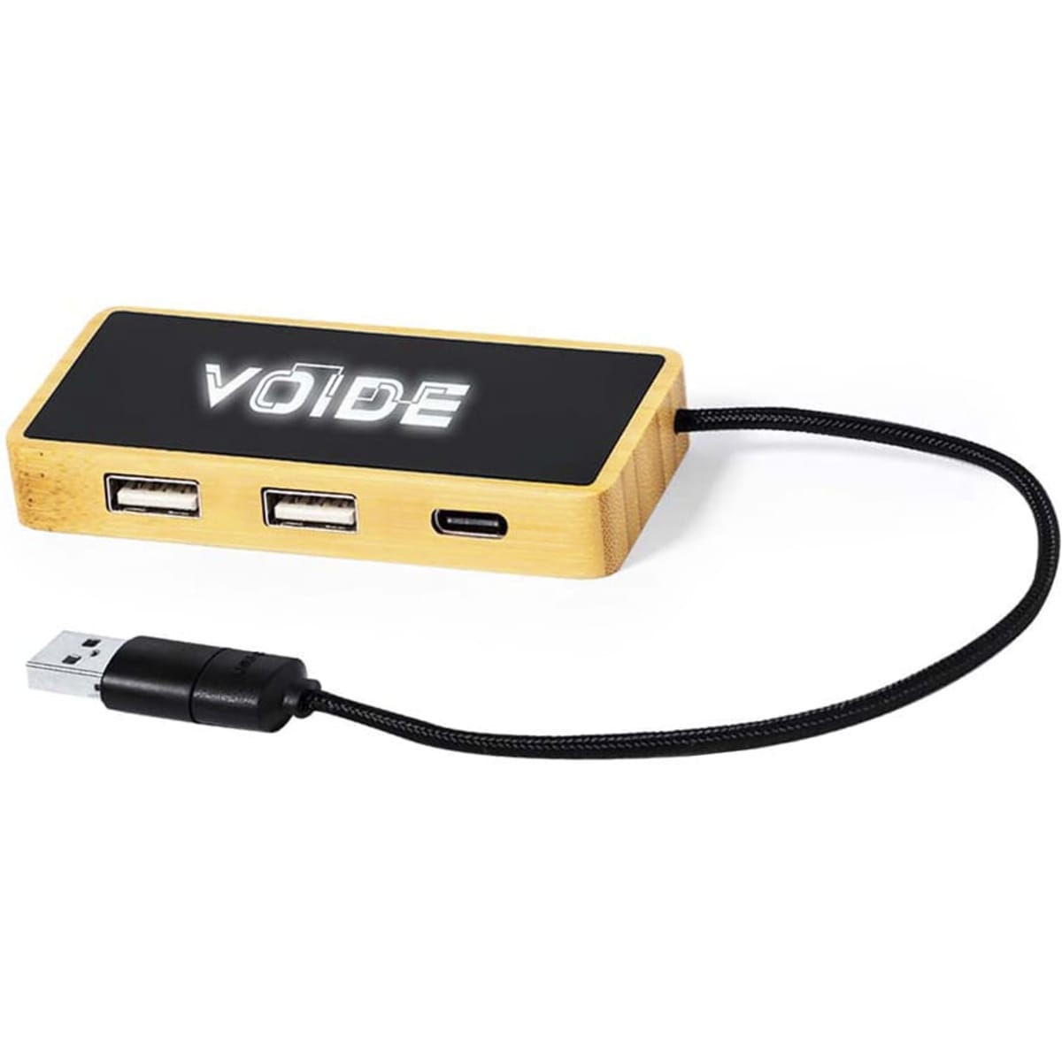 A bamboo USB hub featuring two standard USB ports and one USB-C port, connected by a black cable.
