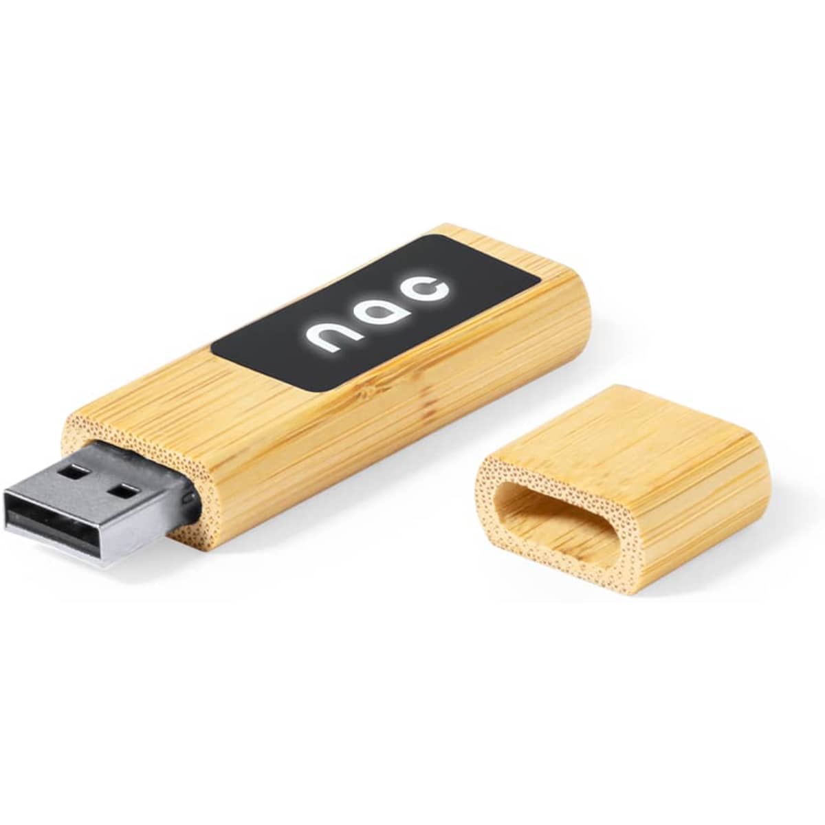 A bamboo USB drive with a silver connector and a detachable cover, featuring a logo on one side.