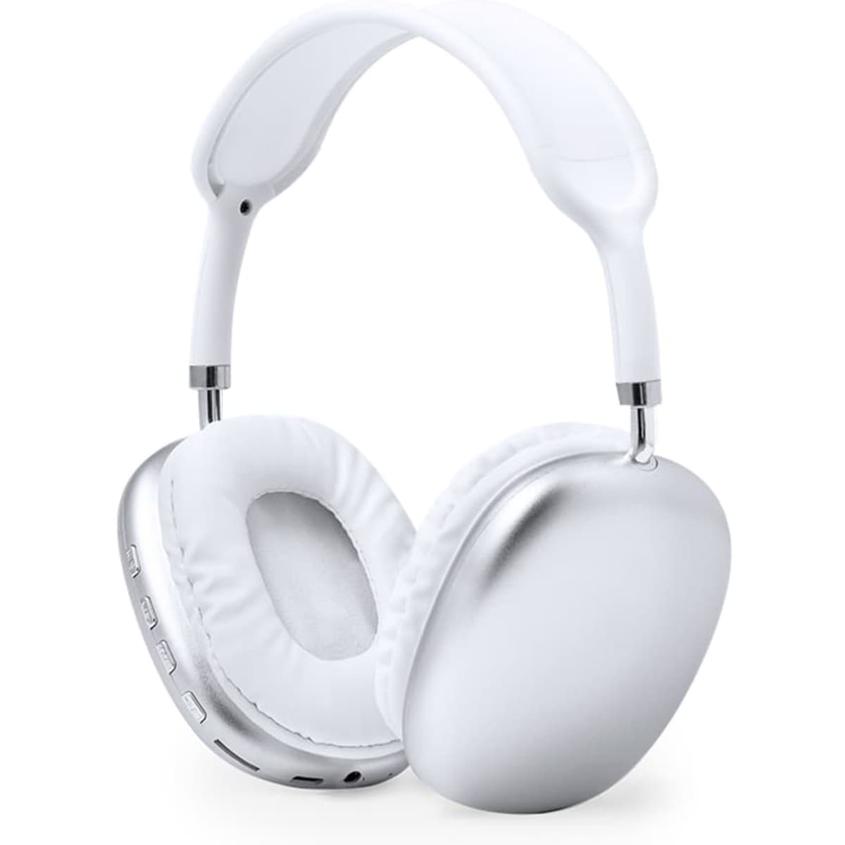 A pair of sleek white headphones with silver accents and cushioned ear pads, featuring a logo on the side.