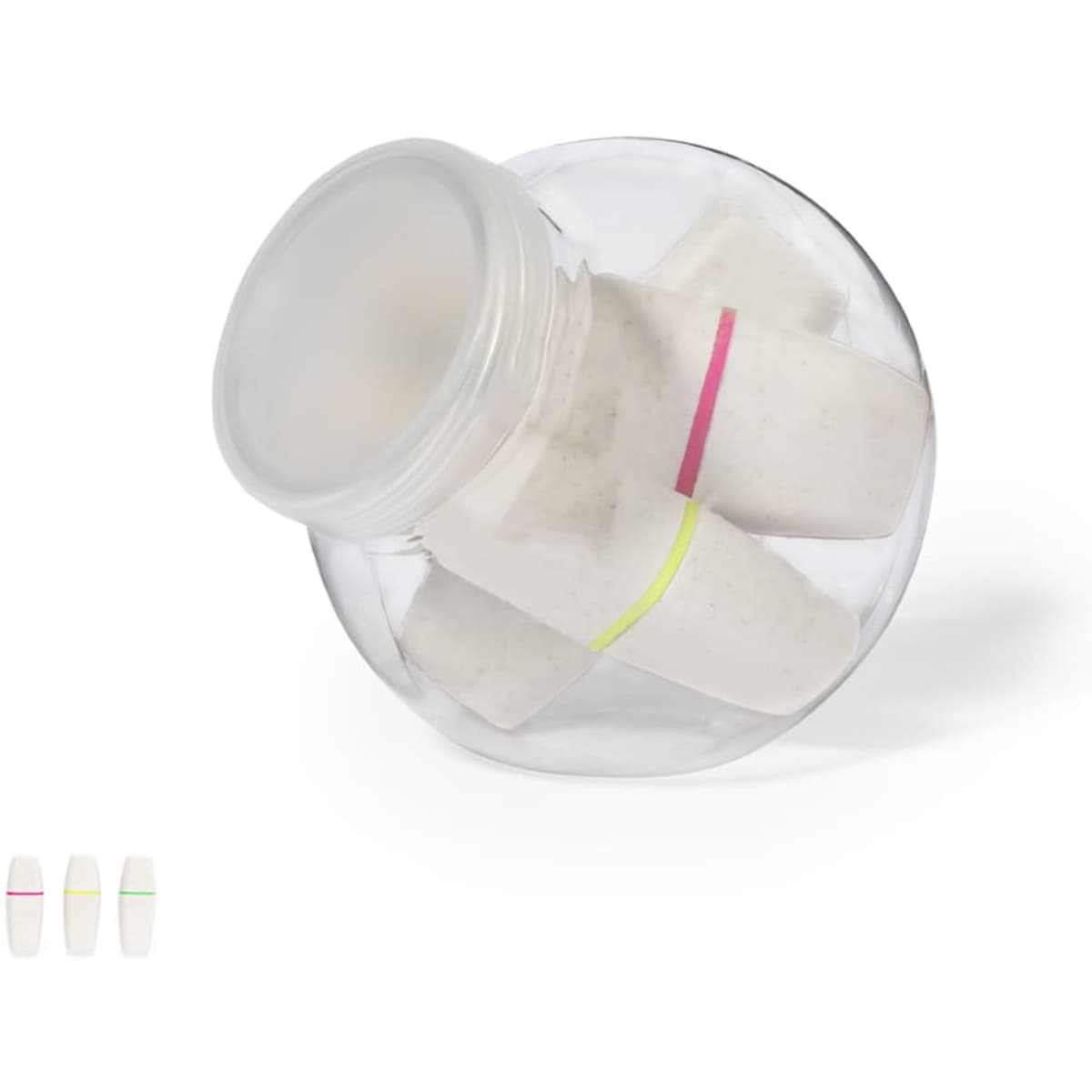 A clear jar contains white highlighters with pink and yellow bands. The jar features a screw-top lid.