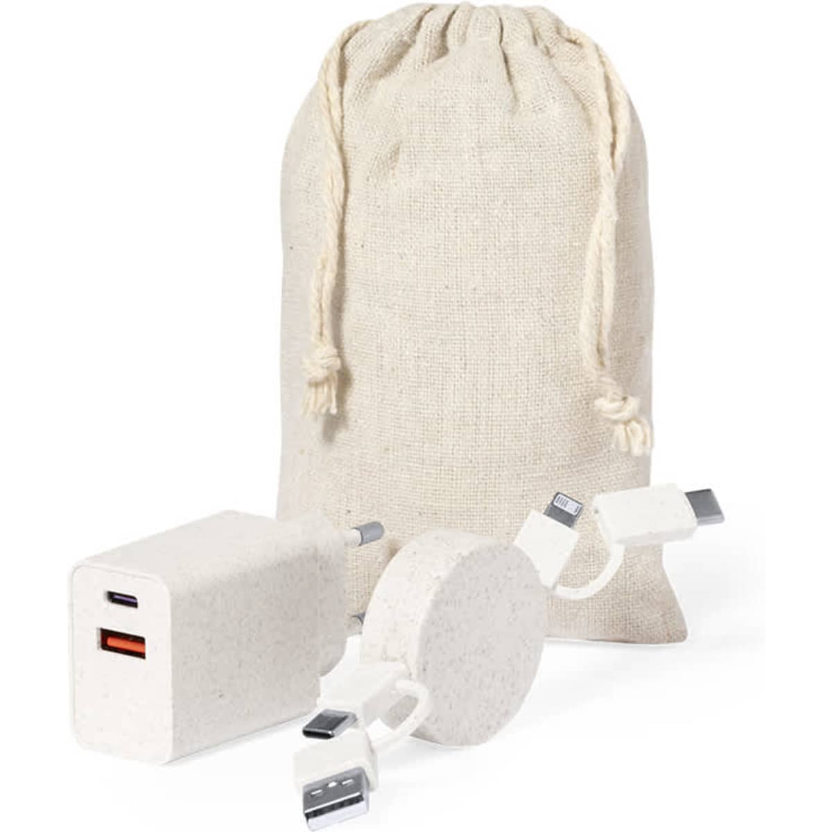 A charging cable set featuring a USB charger, round cable with connectors, and a natural fabric drawstring bag.