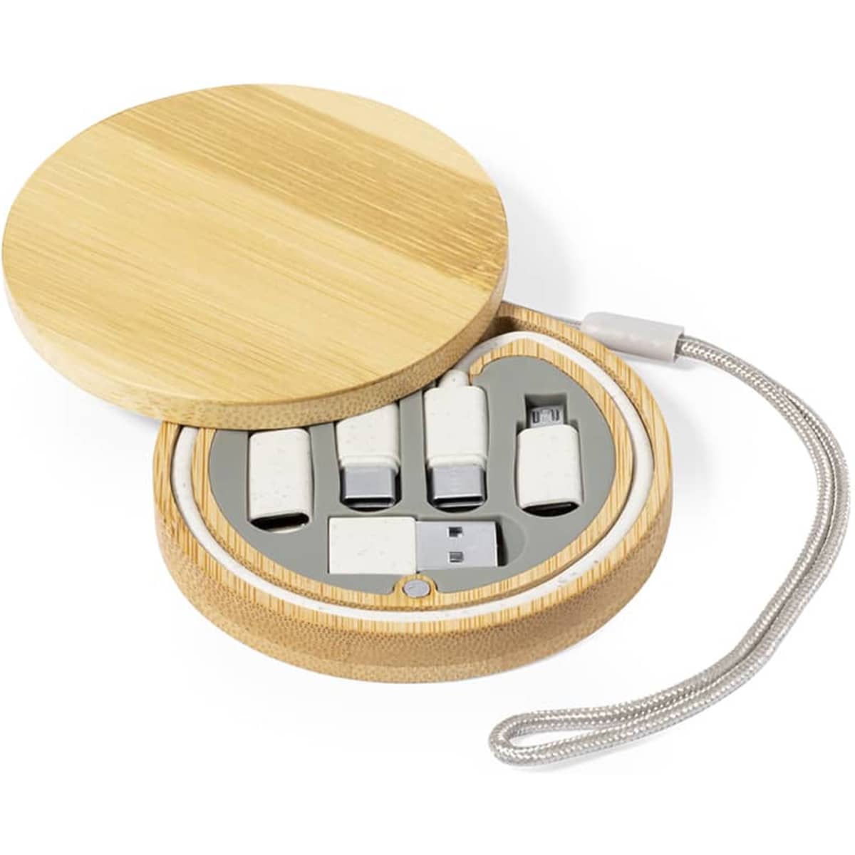 A round bamboo case containing various charging cable adapters in white. The case is designed with a decorative lid and a metallic cord.