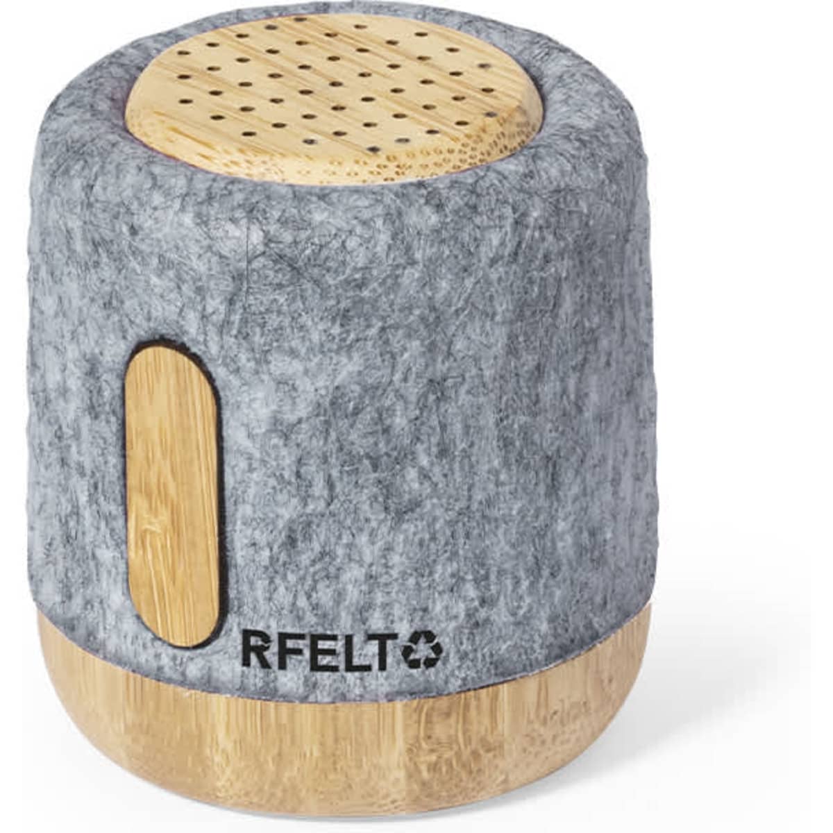 A grey felt Bluetooth speaker with a bamboo base and a logo on the front.