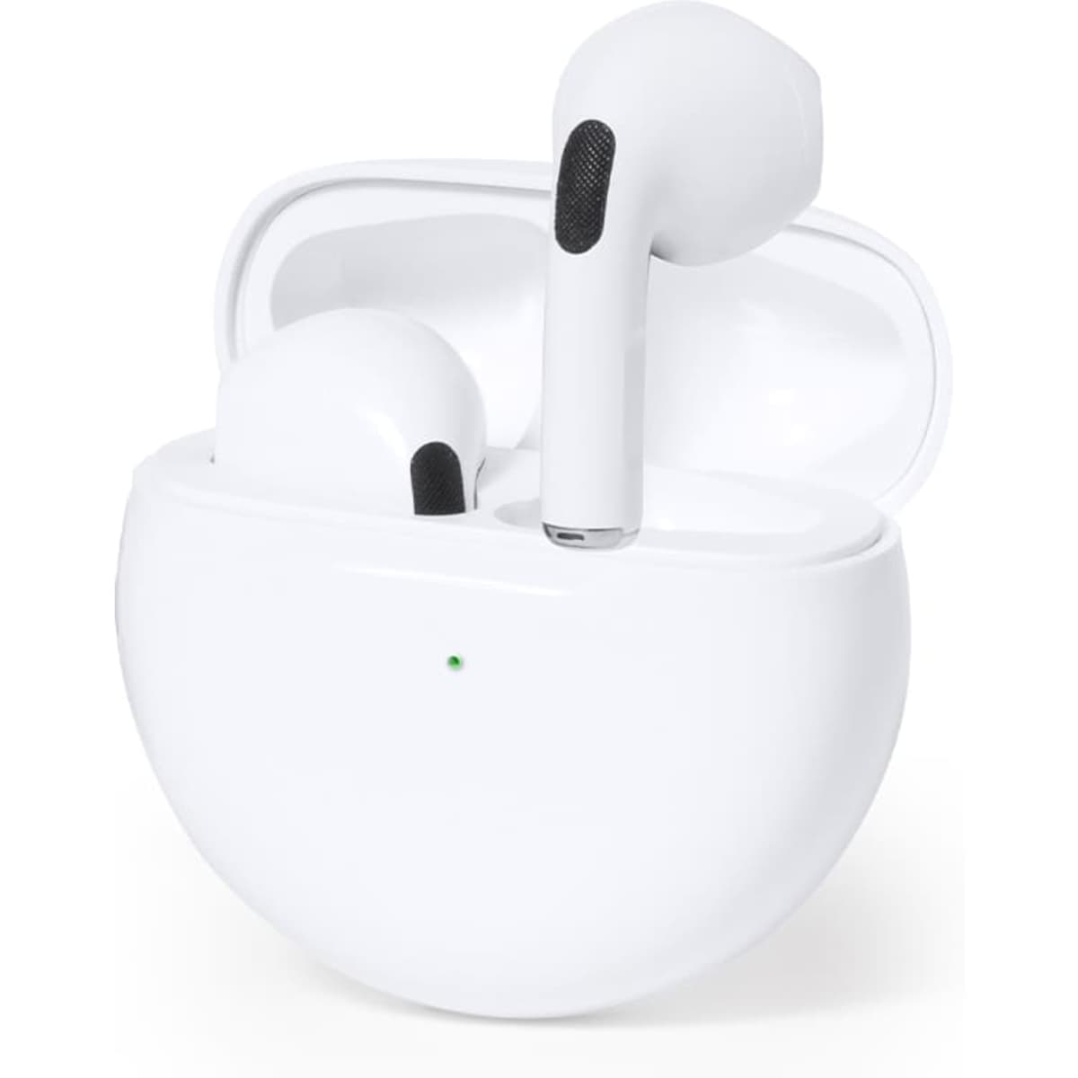 White wireless earbuds in a compact charging case, with a small indicator light visible on the case.