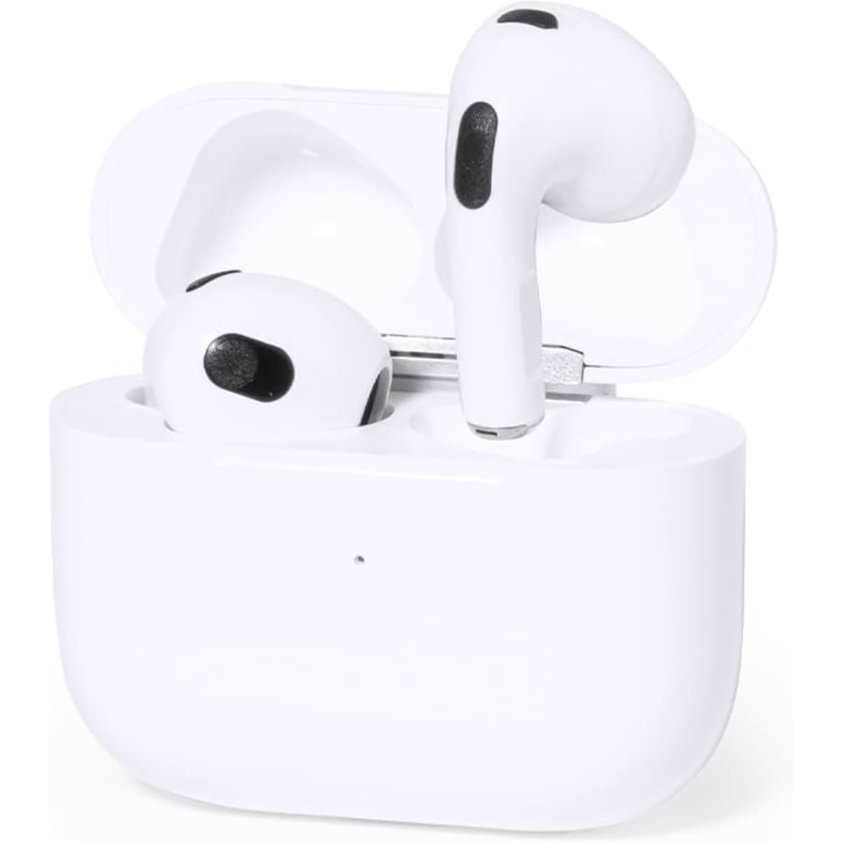 Wireless earbuds in a white charging case, featuring black accents. The case is slightly open, displaying the earbuds inside.