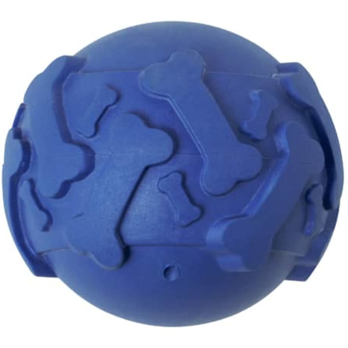 A blue rubber ball featuring a bone pattern, designed for pets. The ball has a textured surface and a logo.