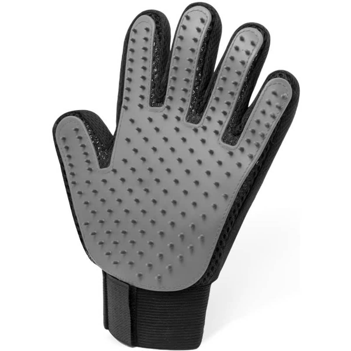 A grooming glove in grey and black with a textured, dotted surface for pet care. Features a secure wrist strap and logo.