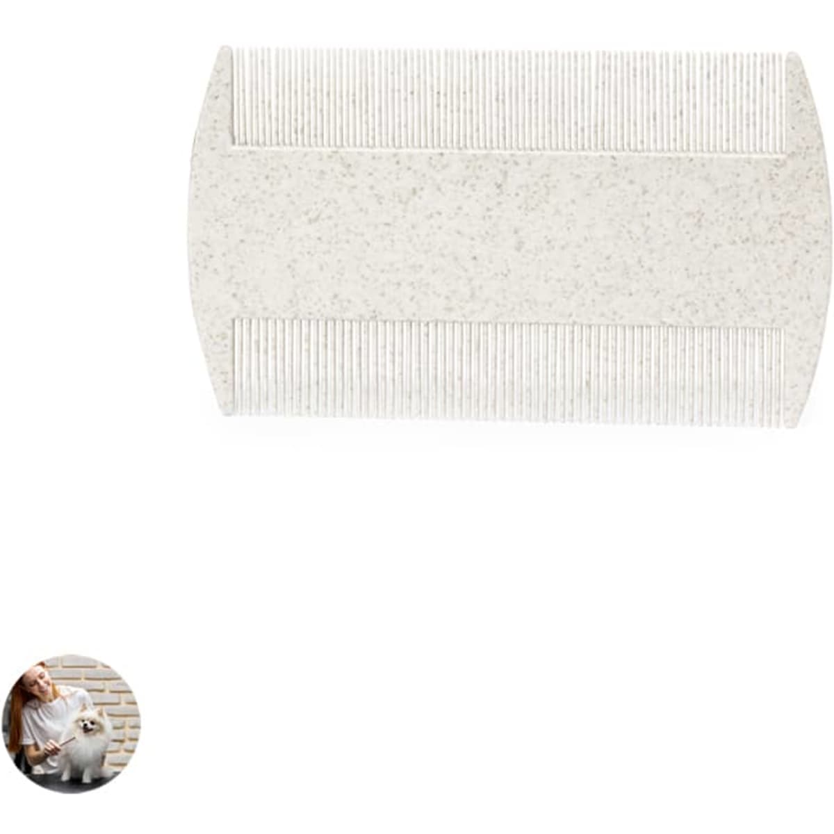 A pet grooming comb in a light colour with fine and wide teeth. Features a logo on the handle.