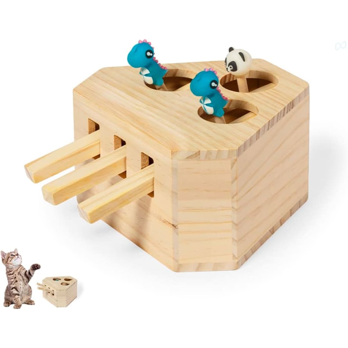 A wooden game featuring animal figures and holes for interactive play, designed for children's fun.