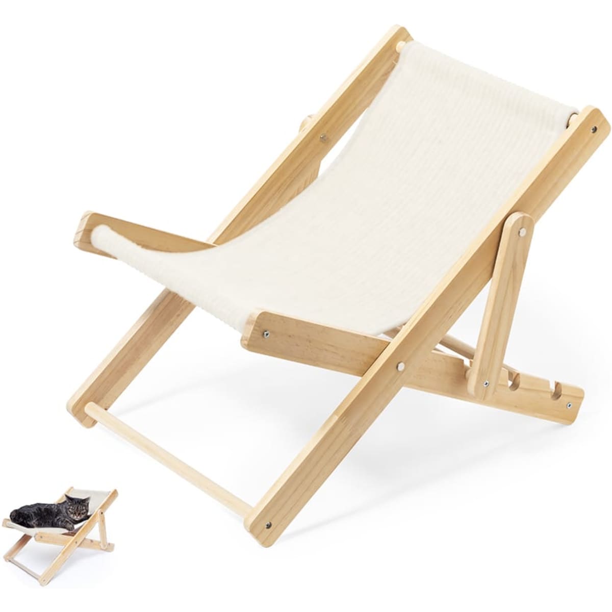 A beige pet chair with a wooden frame, designed for small pets to sit comfortably. Includes a small cat on a similar chair.