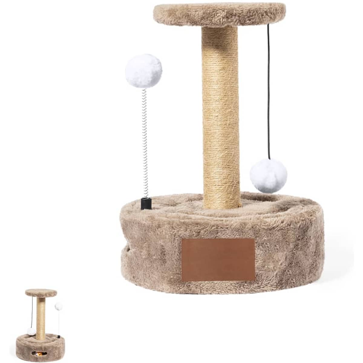 A pet scratching post in a soft brown hue, featuring a plush base, a tall sisal-covered post, and playful dangling balls.