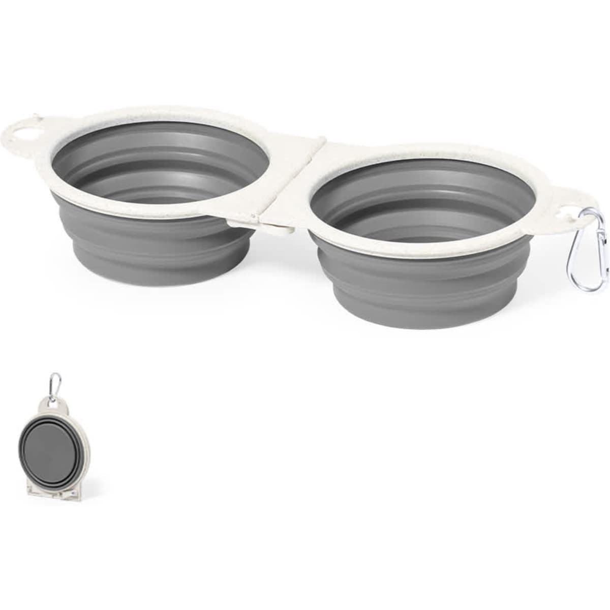 A collapsible double pet bowl in grey with a silver clip for easy attachment. Ideal for food and water.