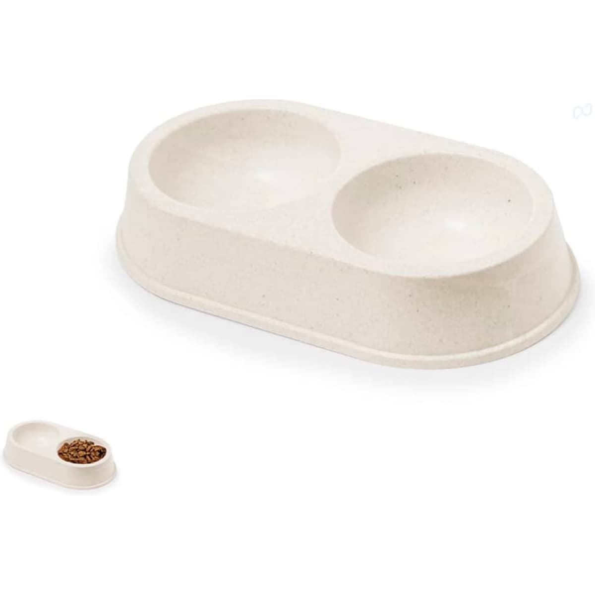 A double pet feeding bowl in a light beige colour, made from a natural material, featuring two compartments.