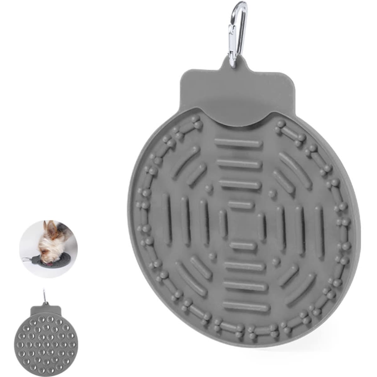 A grey silicone pet feeding mat with a textured surface, featuring a hook for easy attachment.