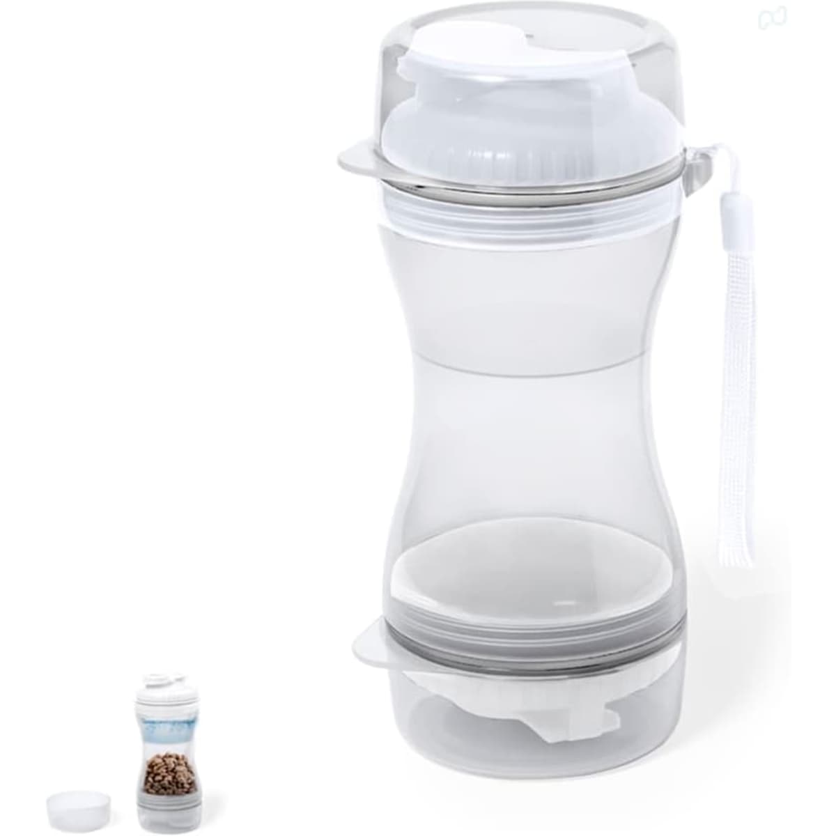 A clear, grey drink bottle with a detachable compartment for holding pet food or treats, featuring a logo.