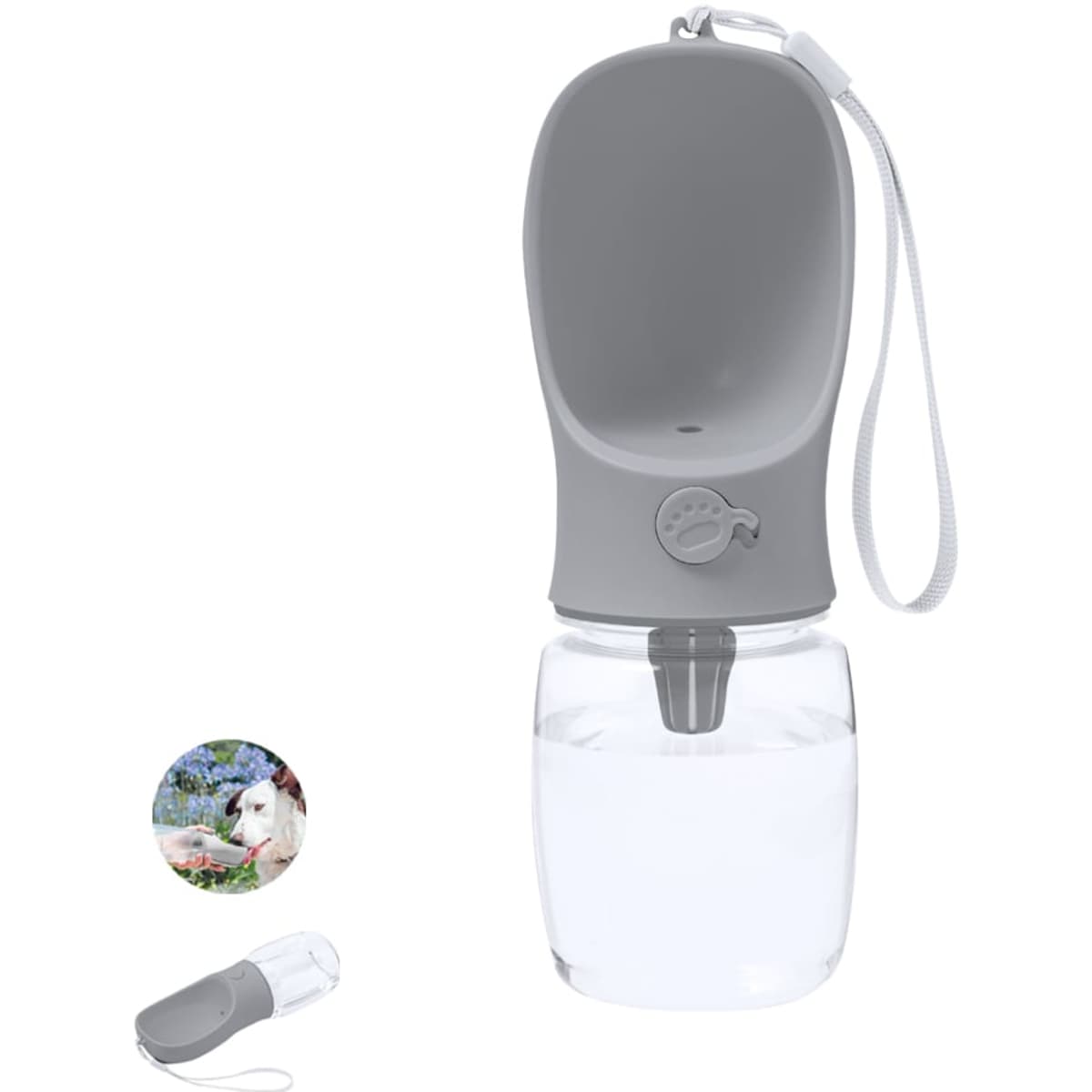 A drink bottle with a grey top and clear base, featuring a feeding bowl attachment and a strap for carrying.