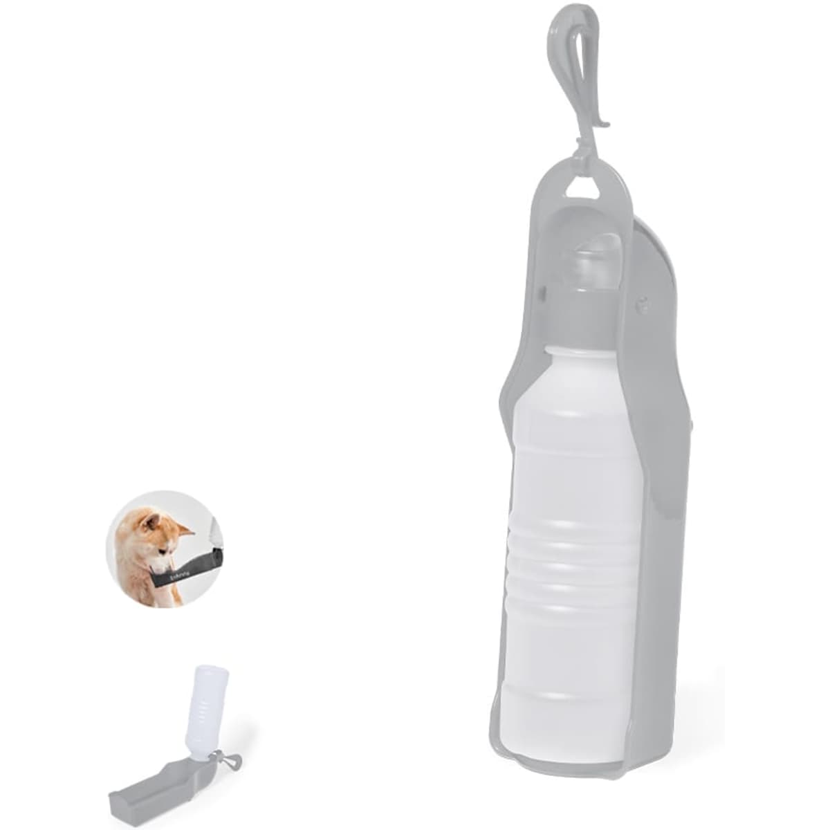 A drink bottle for pets, featuring a grey holder and a white bottle with a detachable nozzle.