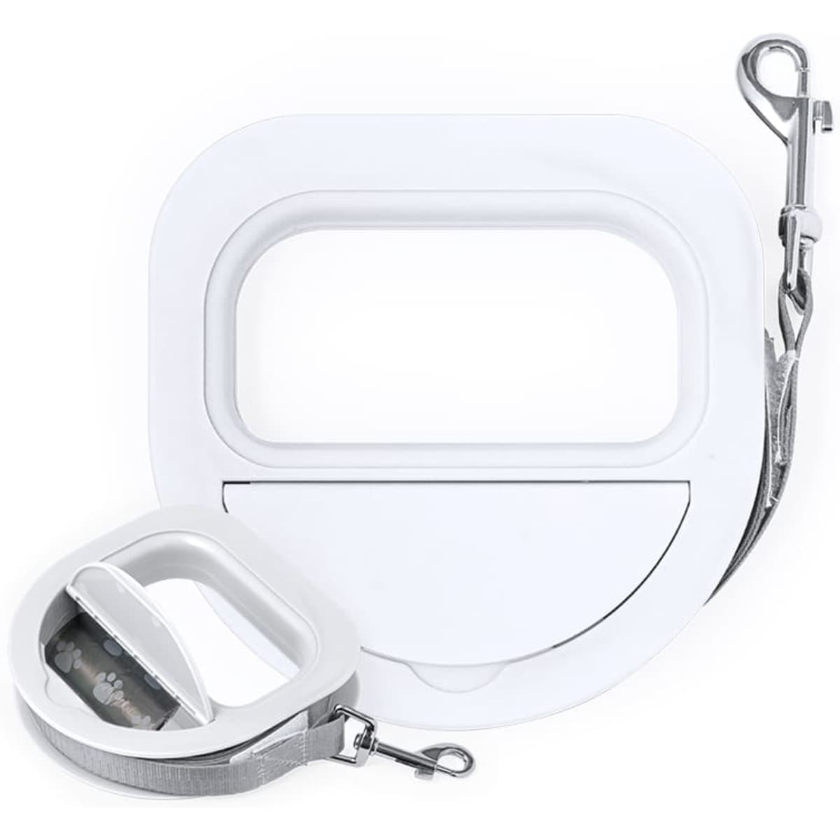 A drink bottle in white with a sleek design, featuring a detachable clip and a logo.