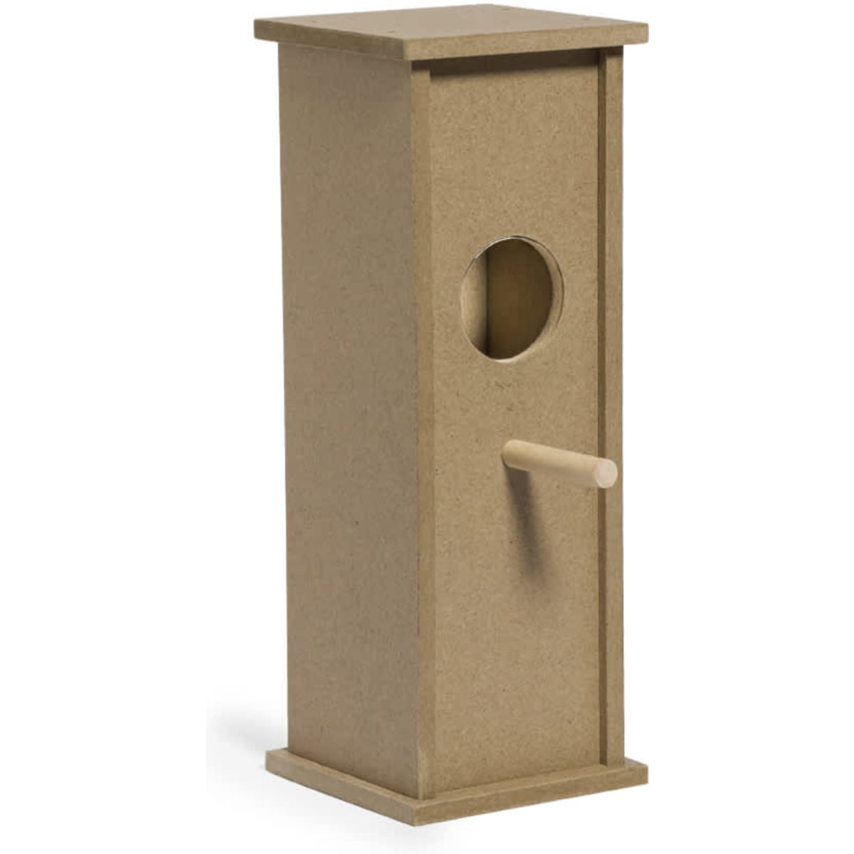 A wooden birdhouse in a natural finish with a round entrance hole and a perch. It has a simple, rectangular design.