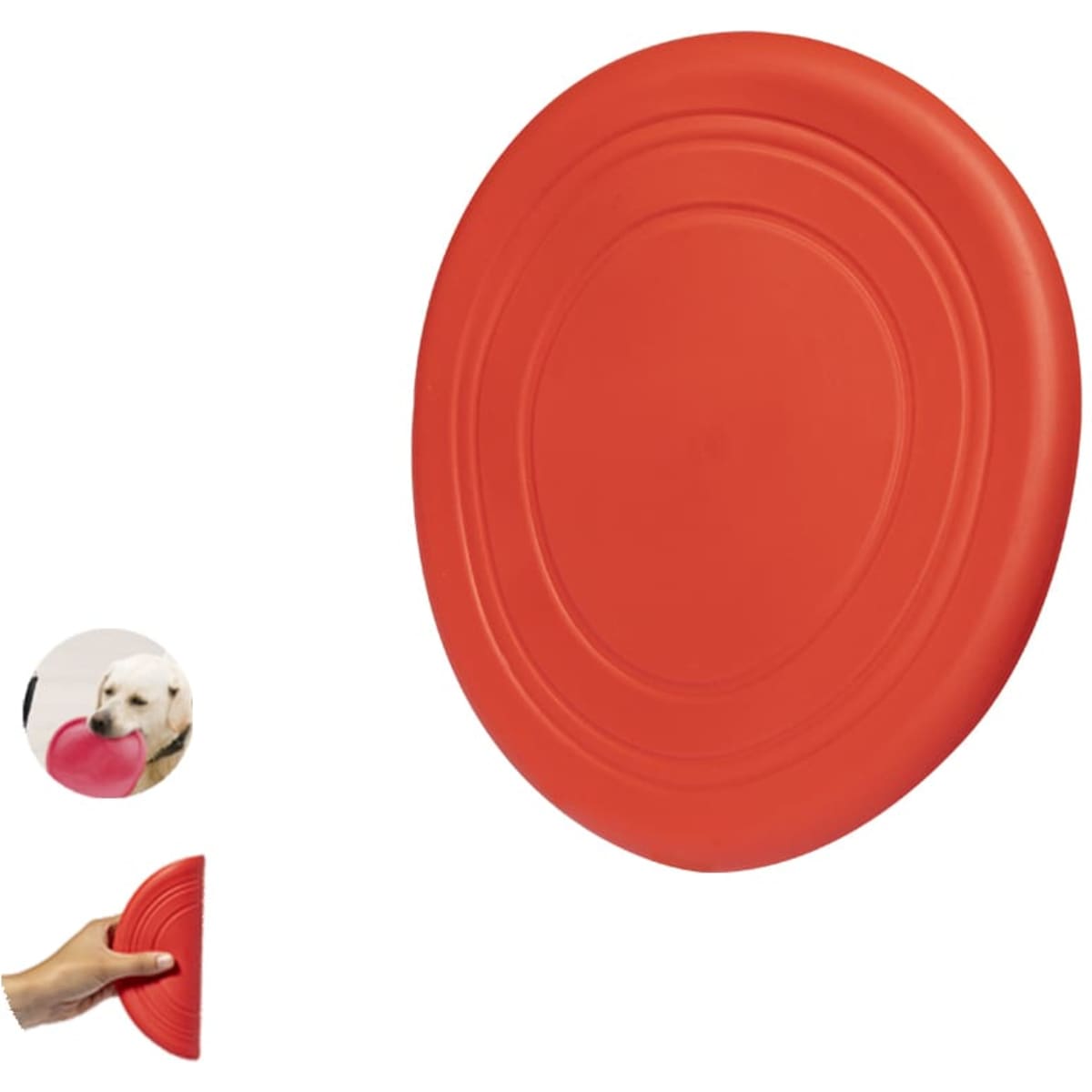 A red frisbee with an oval shape, featuring a textured grip and a logo. Ideal for outdoor fun and games.