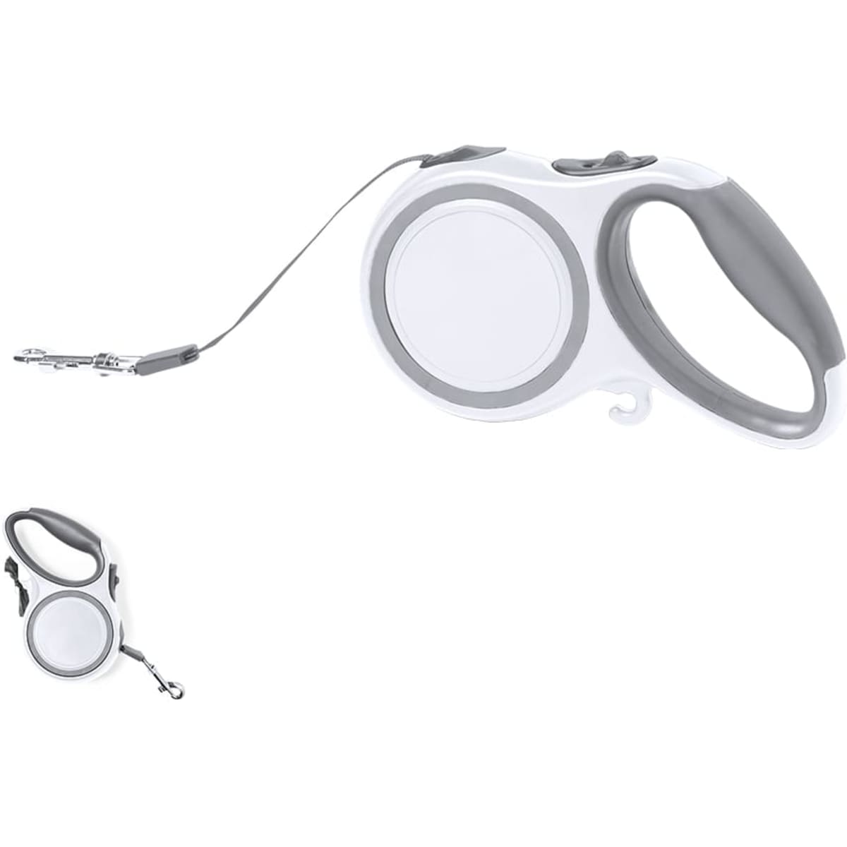A retractable dog lead in grey and white, featuring a sturdy handle and a metal clip for attachment.