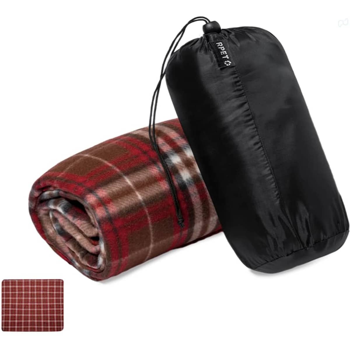 A rolled-up plaid blanket in shades of red and brown, accompanied by a compact storage bag in black.