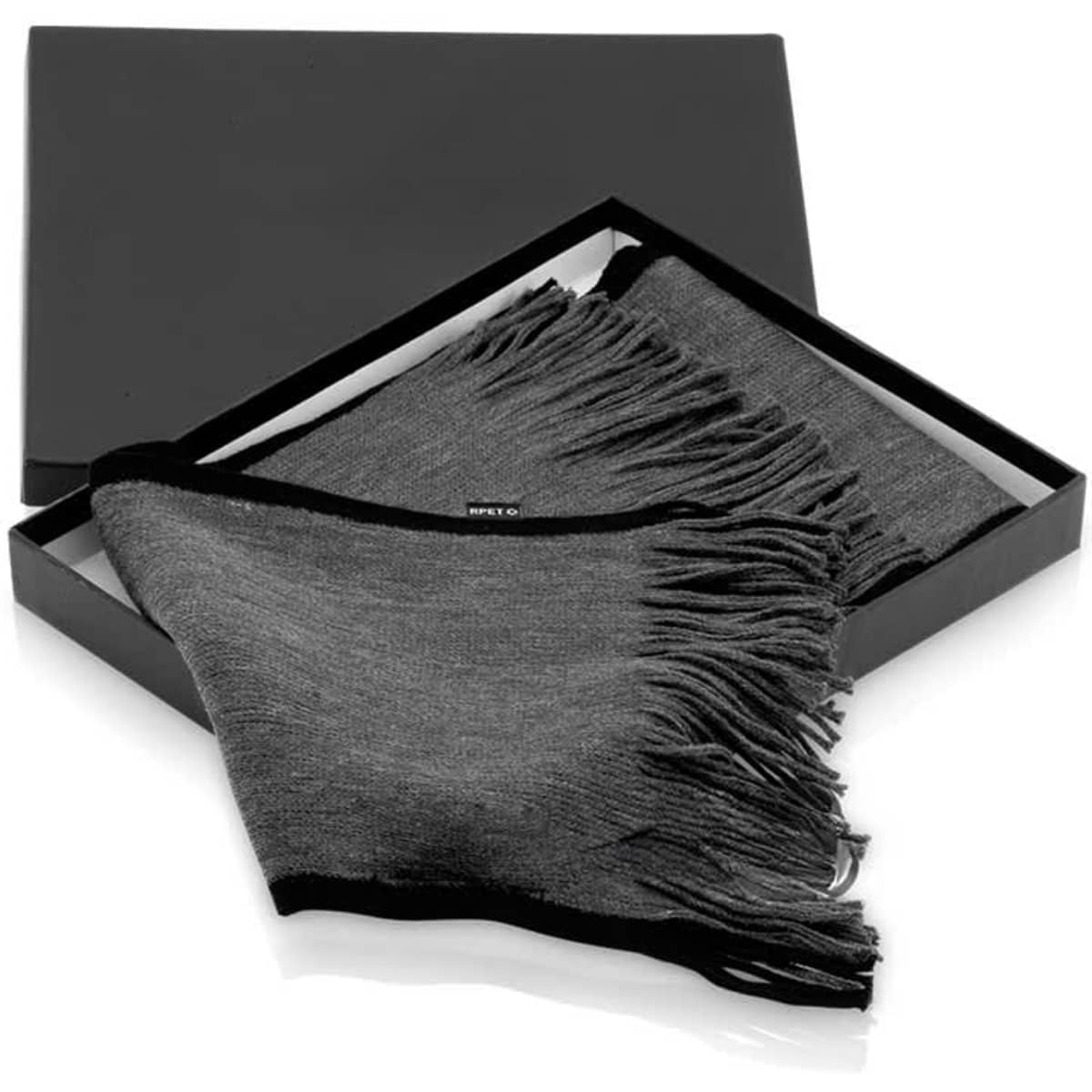 A dark grey scarf with fringed edges, presented in a sleek black box. The product has a branding label.