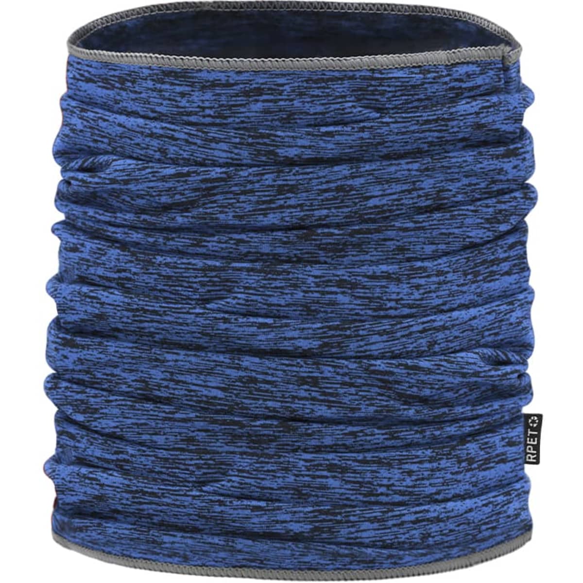 A blue and black patterned scarf accessory featuring a logo on the side.