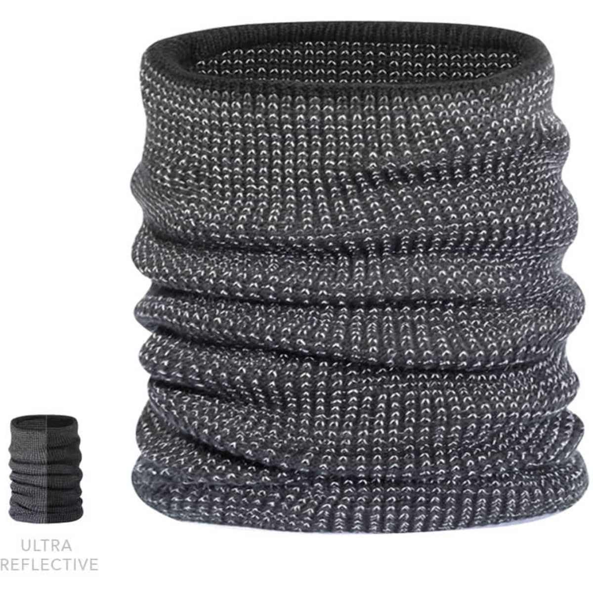 A reflective black scarf with a textured knit, showcased in a cylindrical shape. Features a logo.