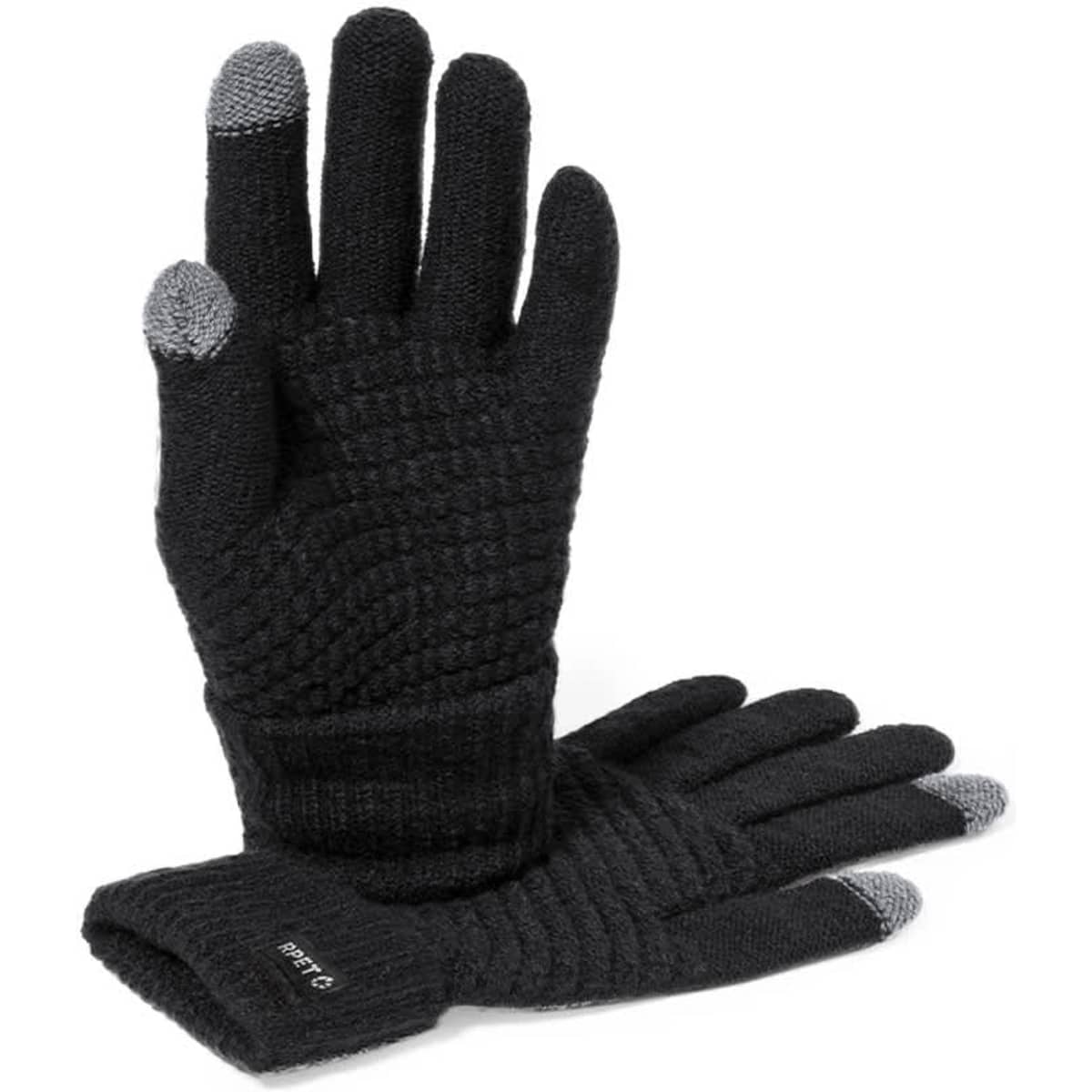 Black gloves with textured fabric and grey touchscreen tips, featuring a logo on the wrist.