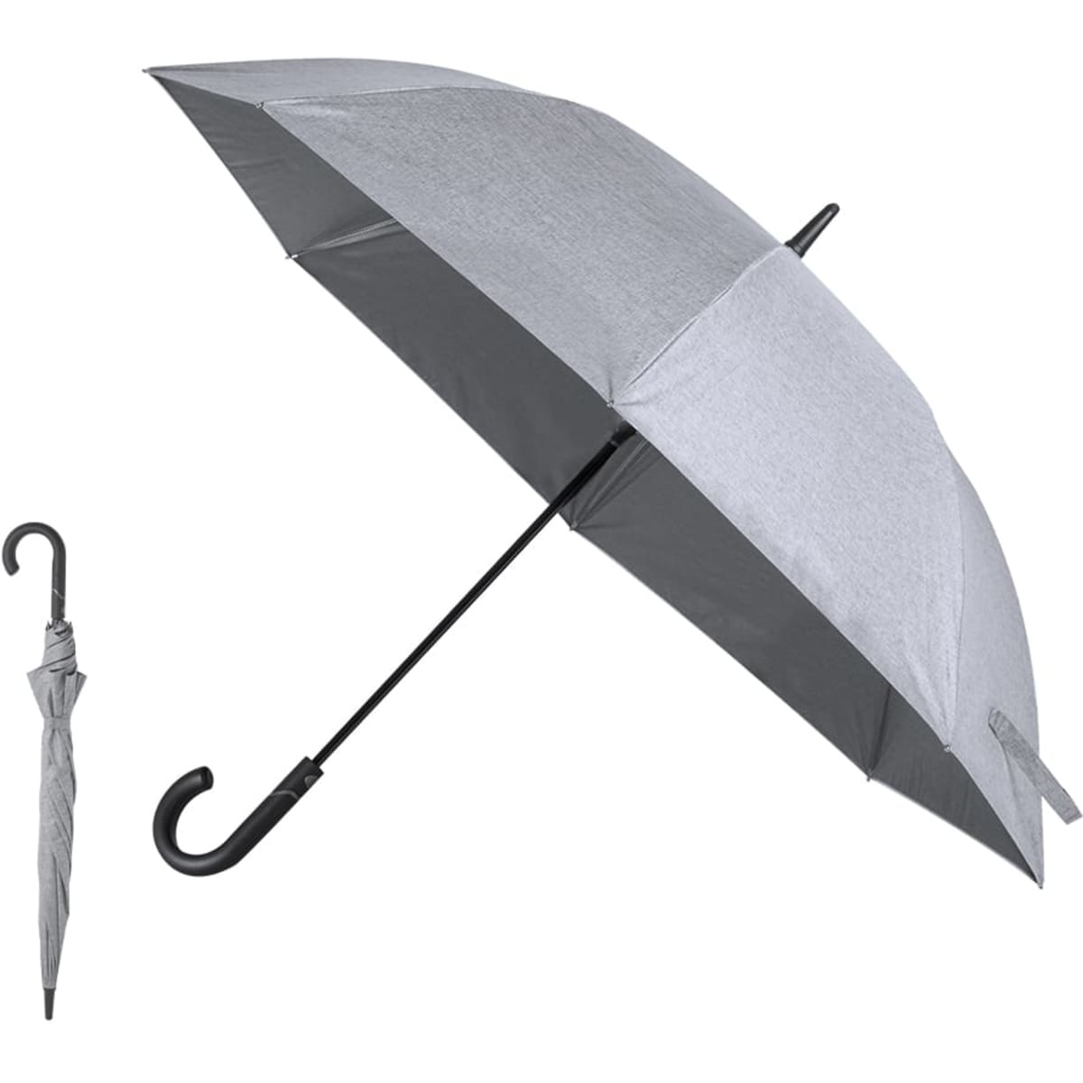 A grey umbrella with a black handle and a matching umbrella sleeve is displayed on a white background.